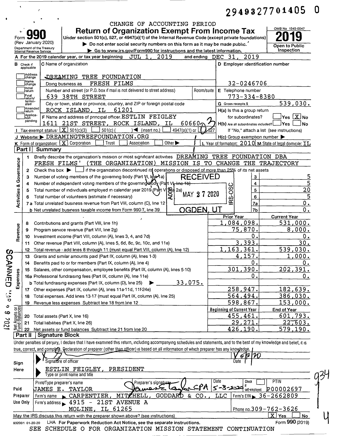 Image of first page of 2019 Form 990 for Fresh Films