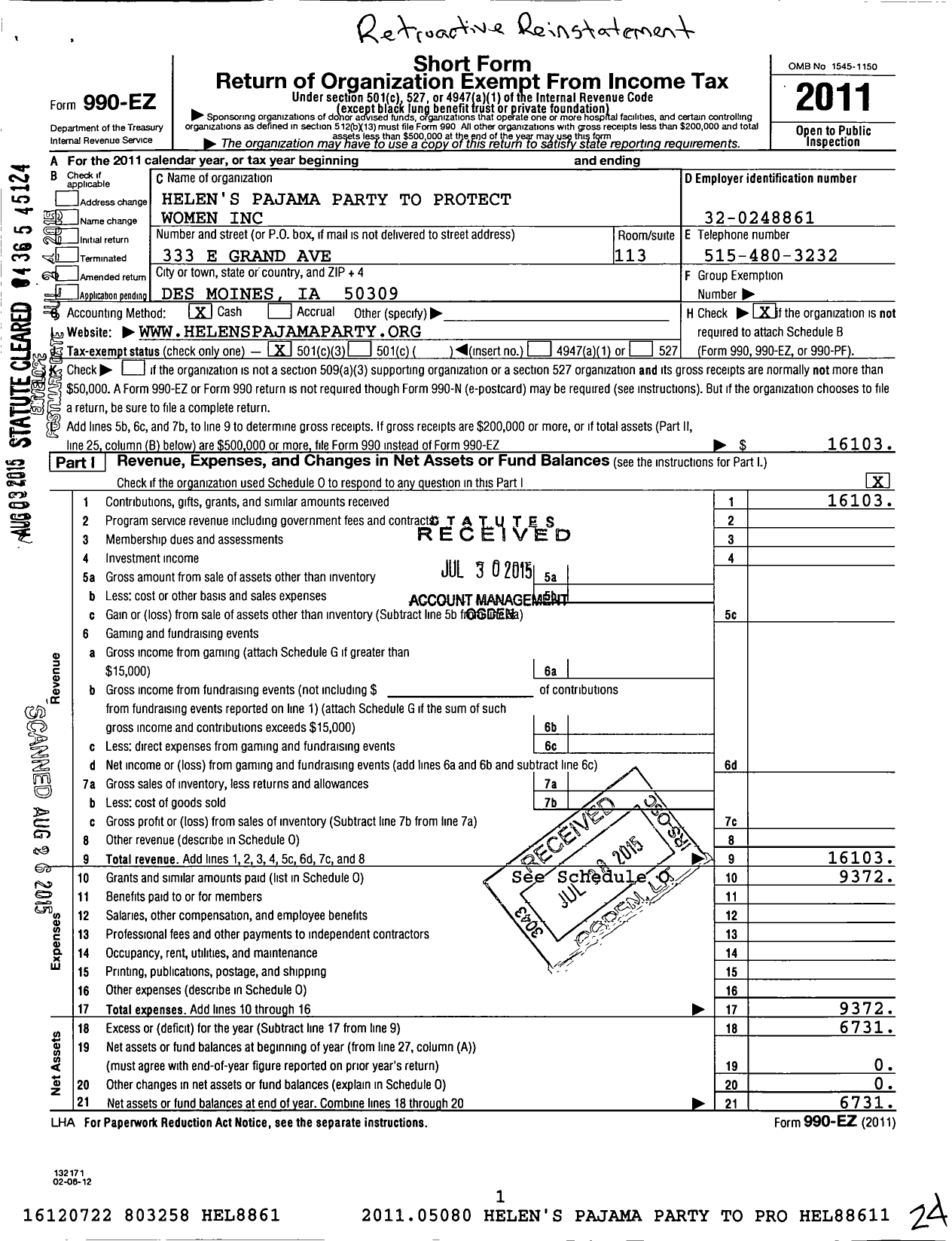 Image of first page of 2011 Form 990EZ for Helens Pajama Party To Protect Women