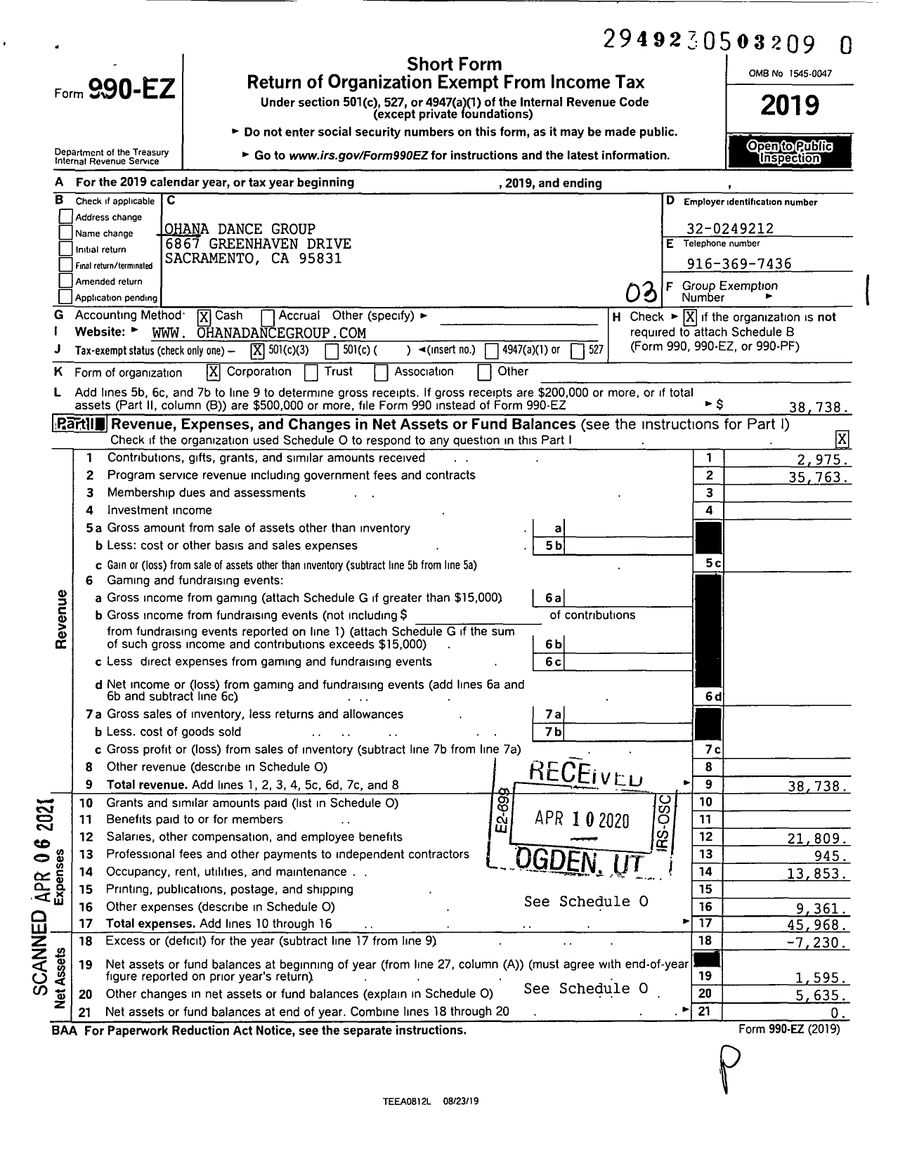 Image of first page of 2019 Form 990EZ for Ohana Dance Group