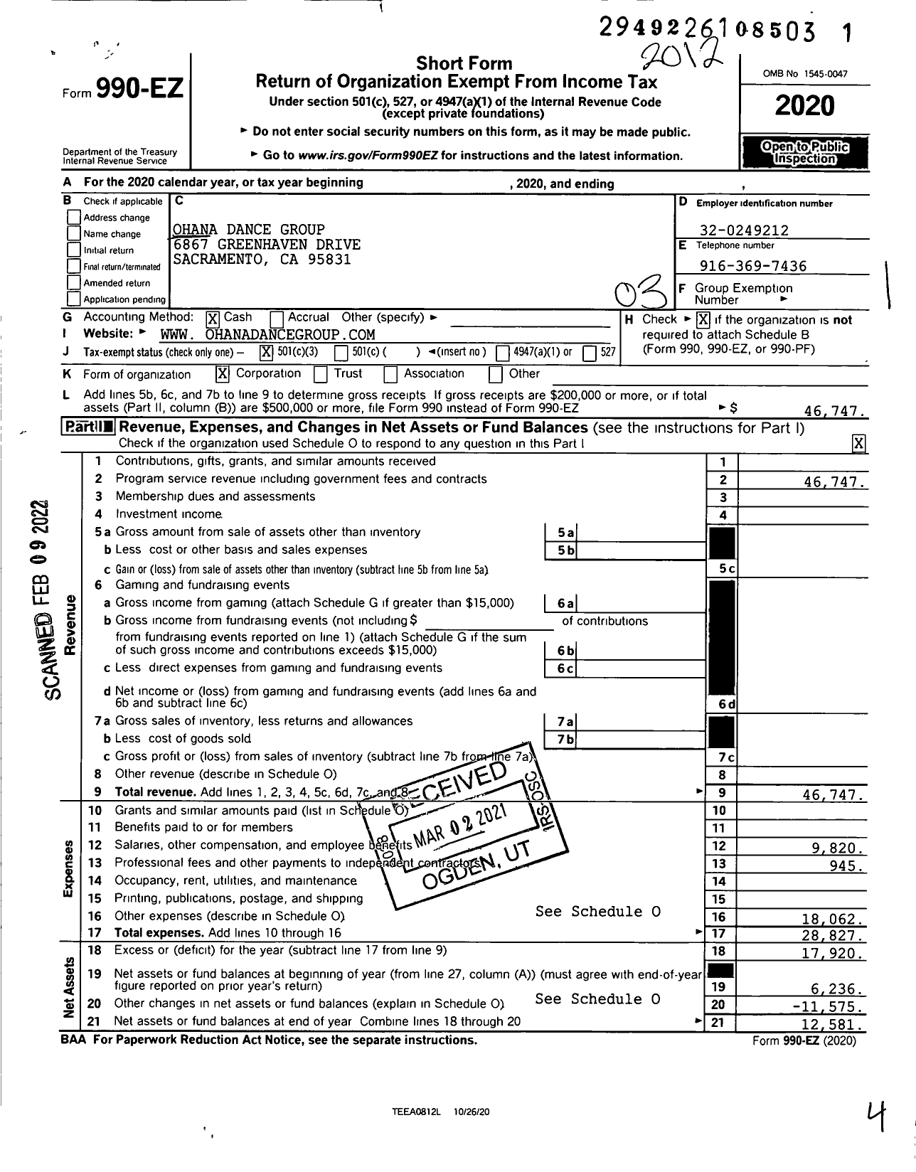 Image of first page of 2020 Form 990EZ for Ohana Dance Group