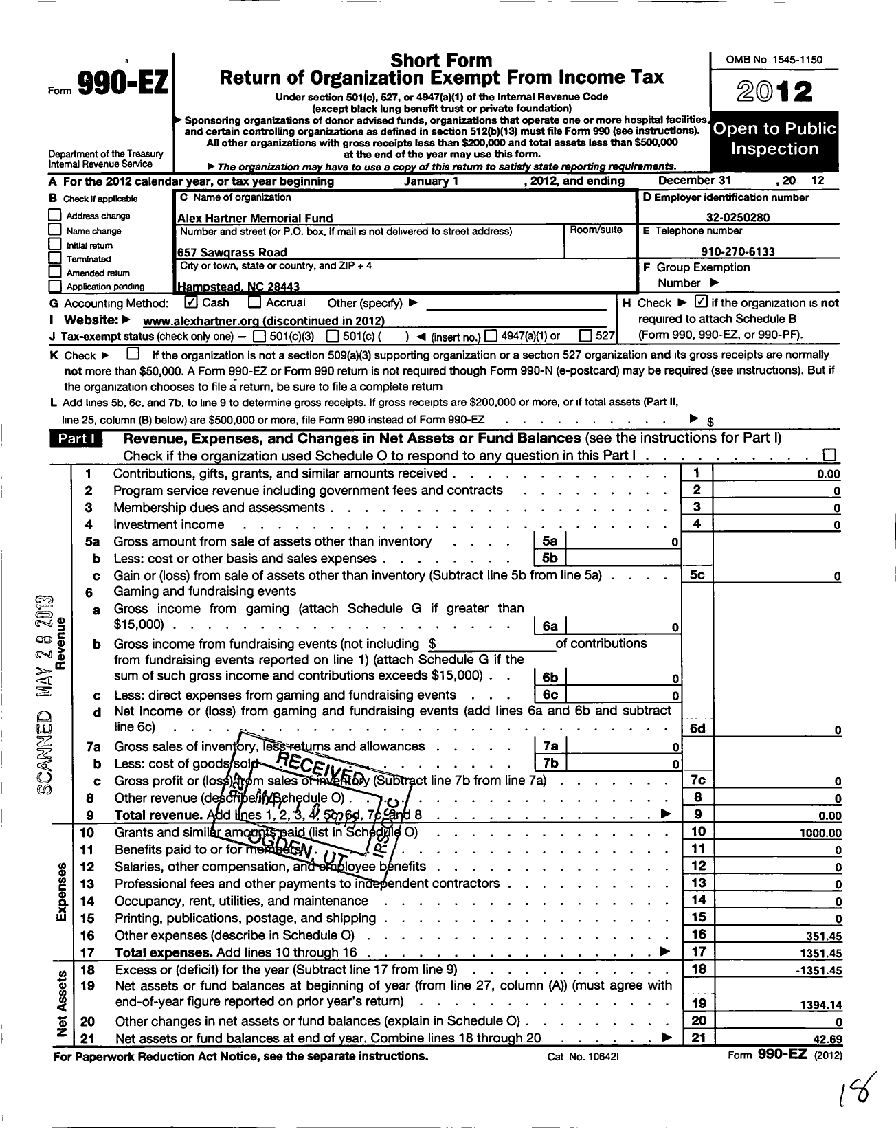 Image of first page of 2012 Form 990EO for Alex Hartner Memorial Horse Show