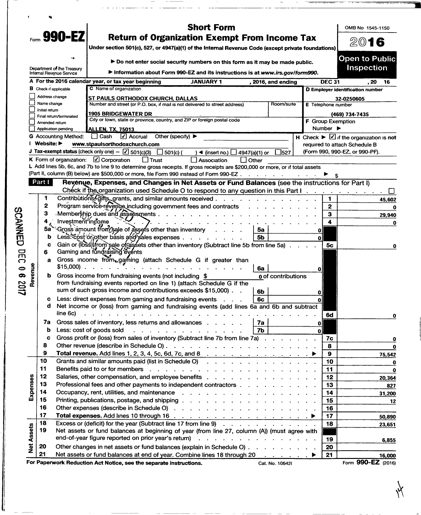 Image of first page of 2016 Form 990EZ for St Paul's Orthodox Church Dallas