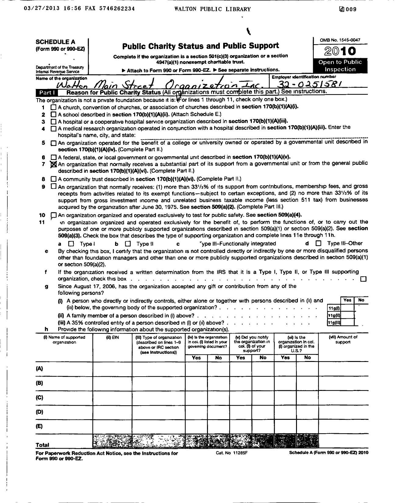 Image of first page of 2010 Form 990ER for Walton Main Street Organization