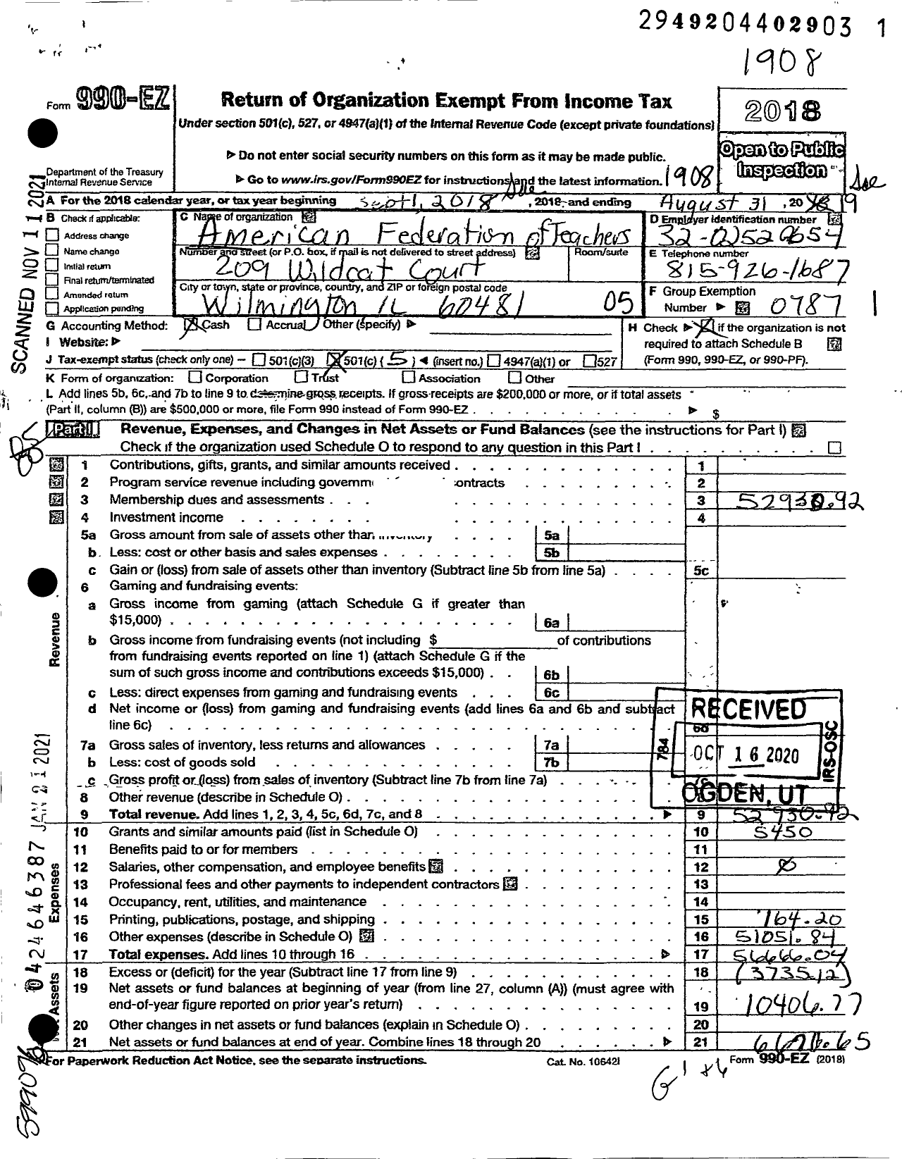 Image of first page of 2018 Form 990EO for American Federation of Teachers - 0604 Wilmington Ud 209