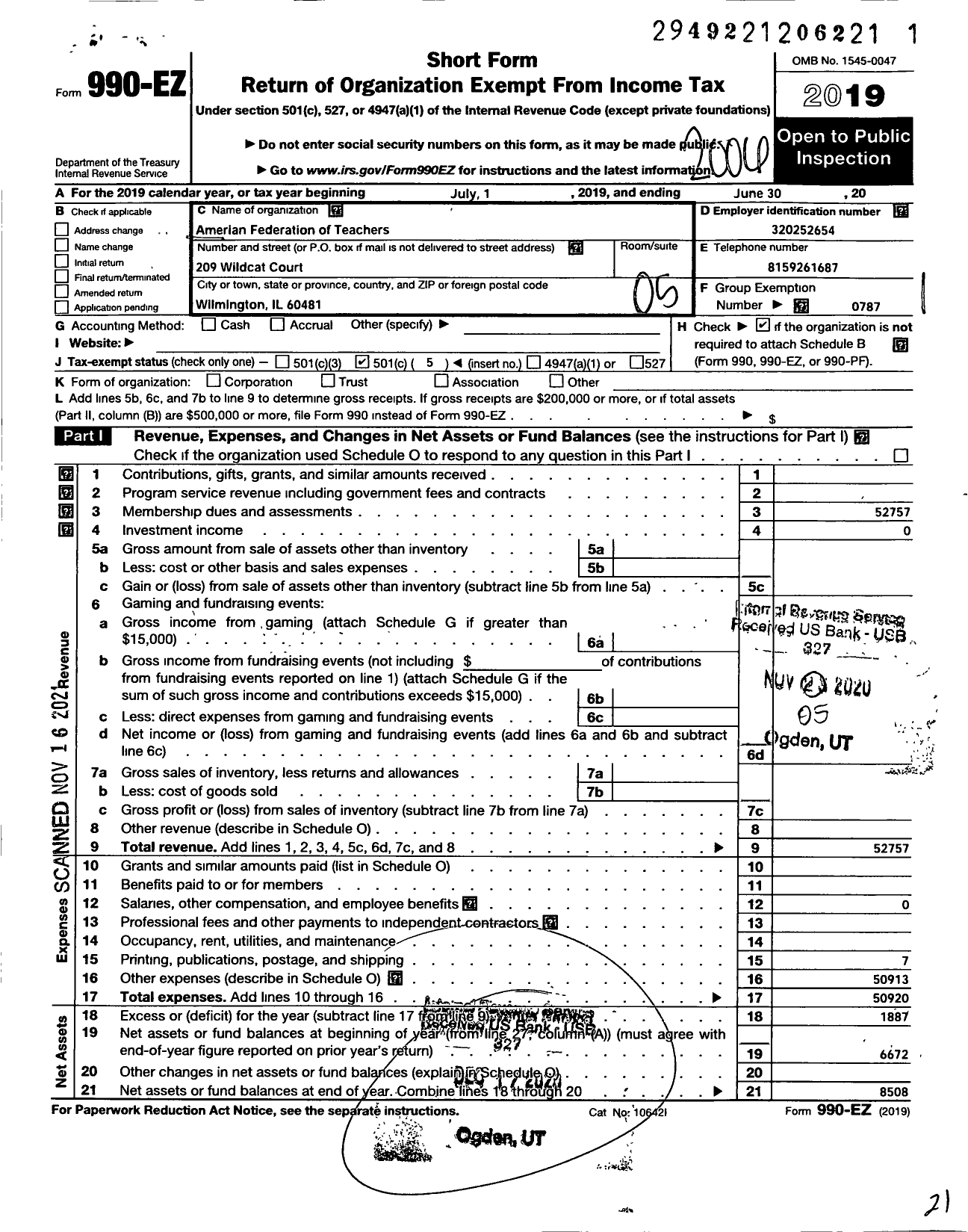 Image of first page of 2019 Form 990EO for American Federation of Teachers - 0604 Wilmington Ud 209