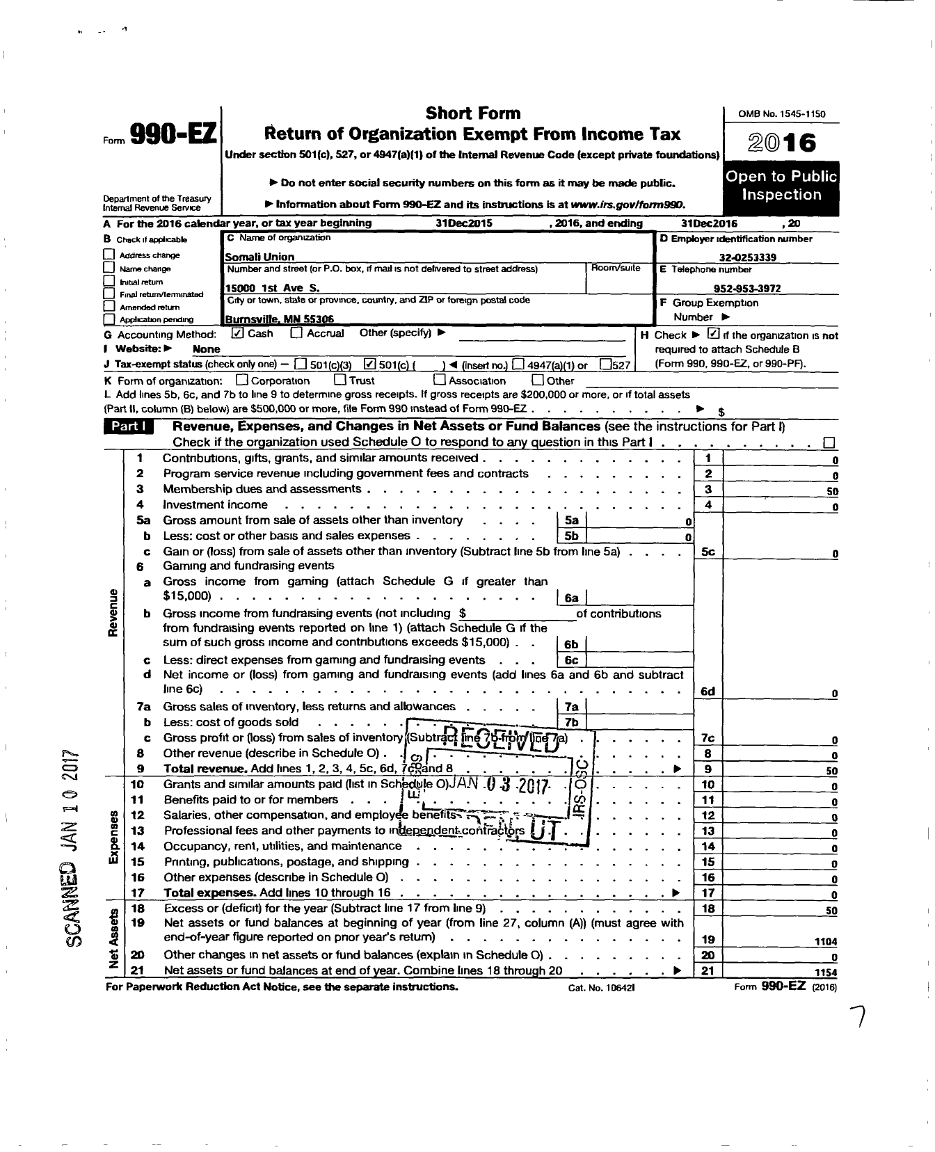 Image of first page of 2016 Form 990EO for Somali Union