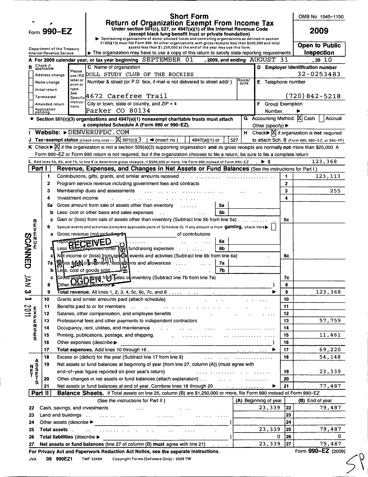 Image of first page of 2009 Form 990EZ for United Federation of Doll Clubs / Doll Study Club of the Rockies