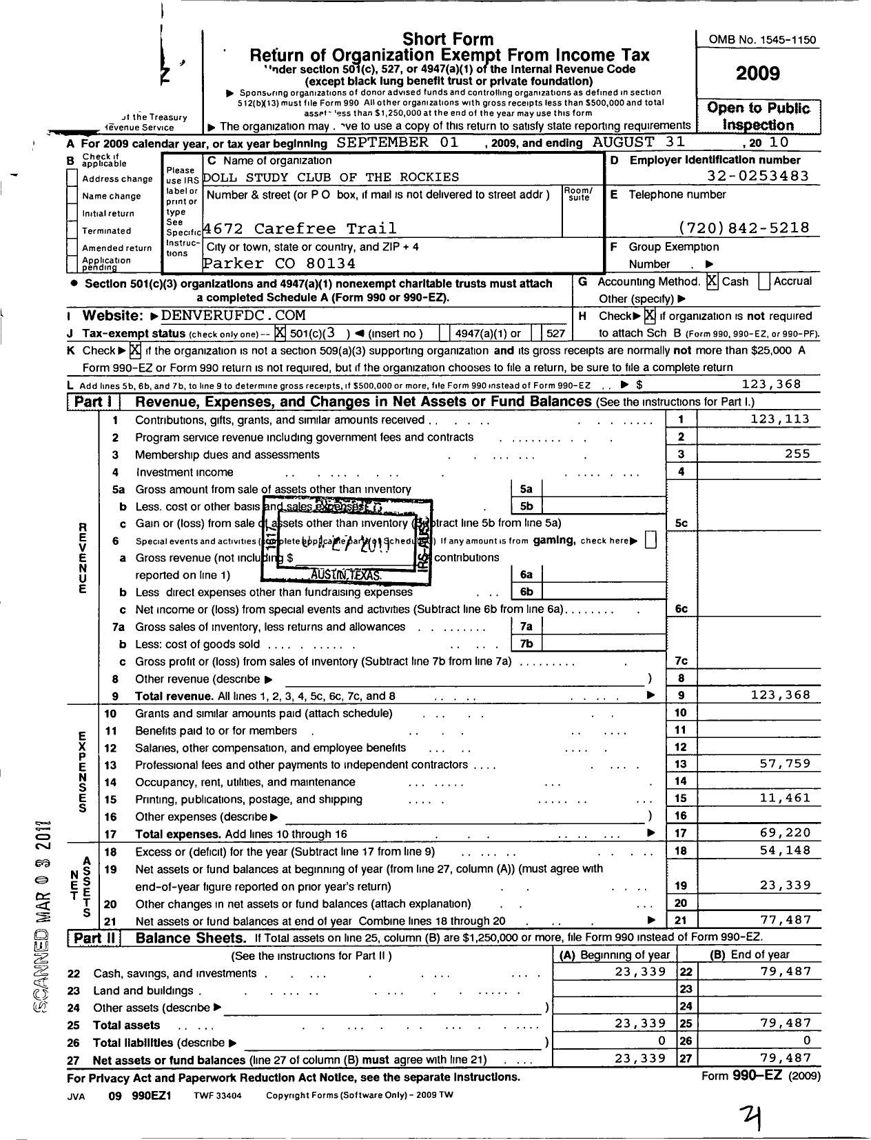 Image of first page of 2009 Form 990EZ for United Federation of Doll Clubs / Doll Study Club of the Rockies