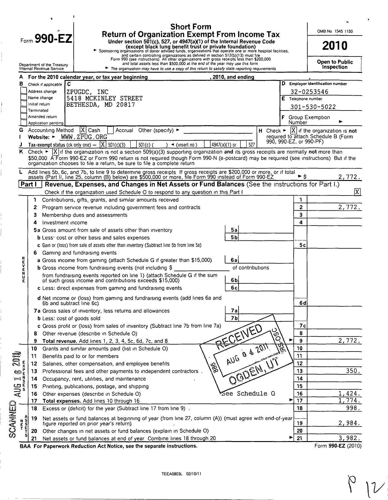 Image of first page of 2010 Form 990EZ for Zpugdc