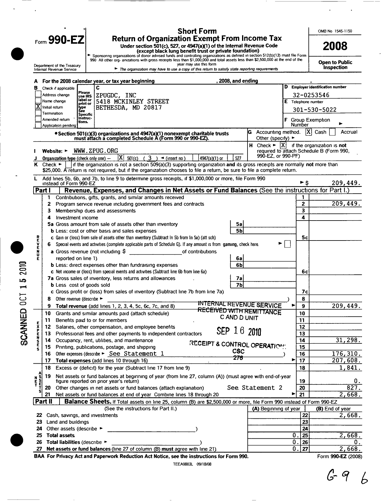 Image of first page of 2008 Form 990EZ for Zpugdc