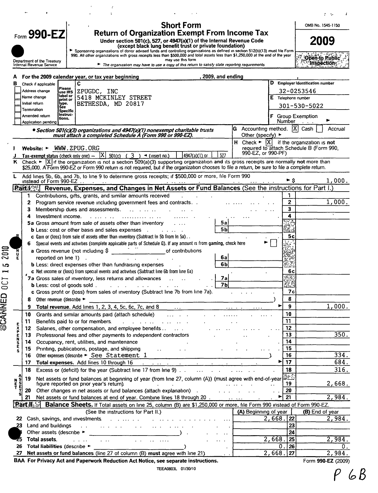 Image of first page of 2009 Form 990EZ for Zpugdc