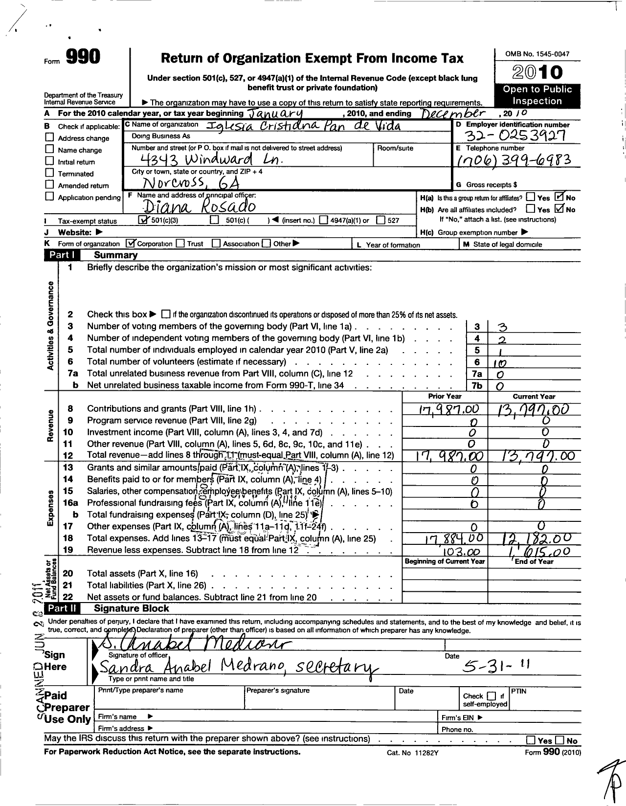 Image of first page of 2010 Form 990 for Iglesia Cristiana Pan de Vida