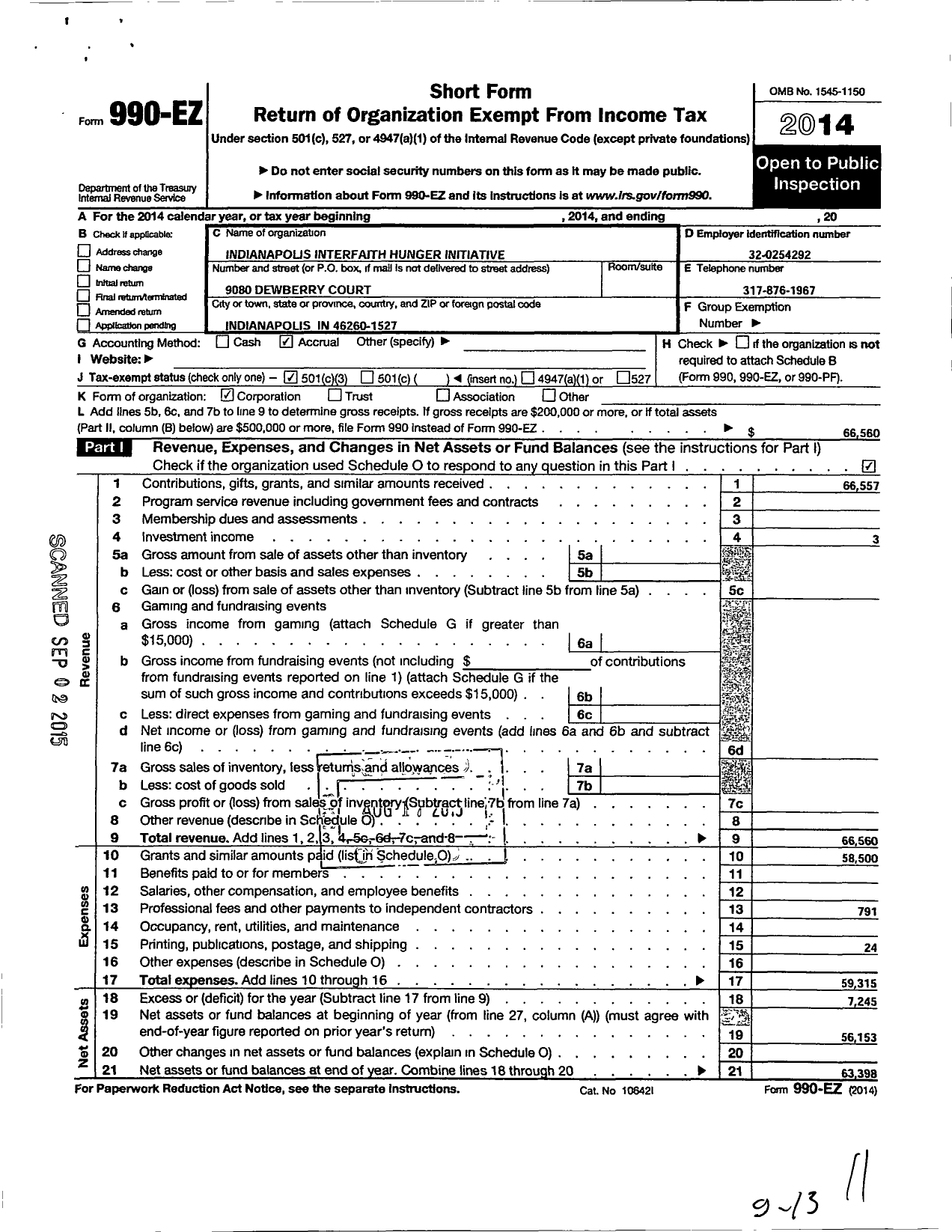 Image of first page of 2014 Form 990EZ for Indianapolis Interfaith Hunger Initiative