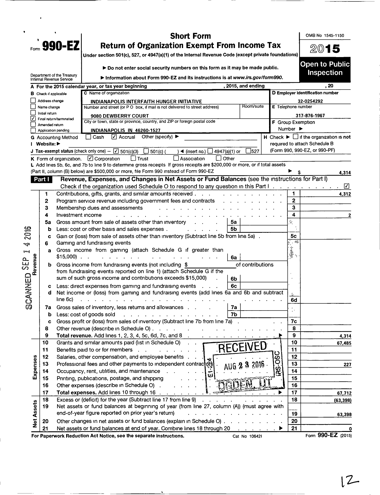 Image of first page of 2015 Form 990EZ for Indianapolis Interfaith Hunger Initiative