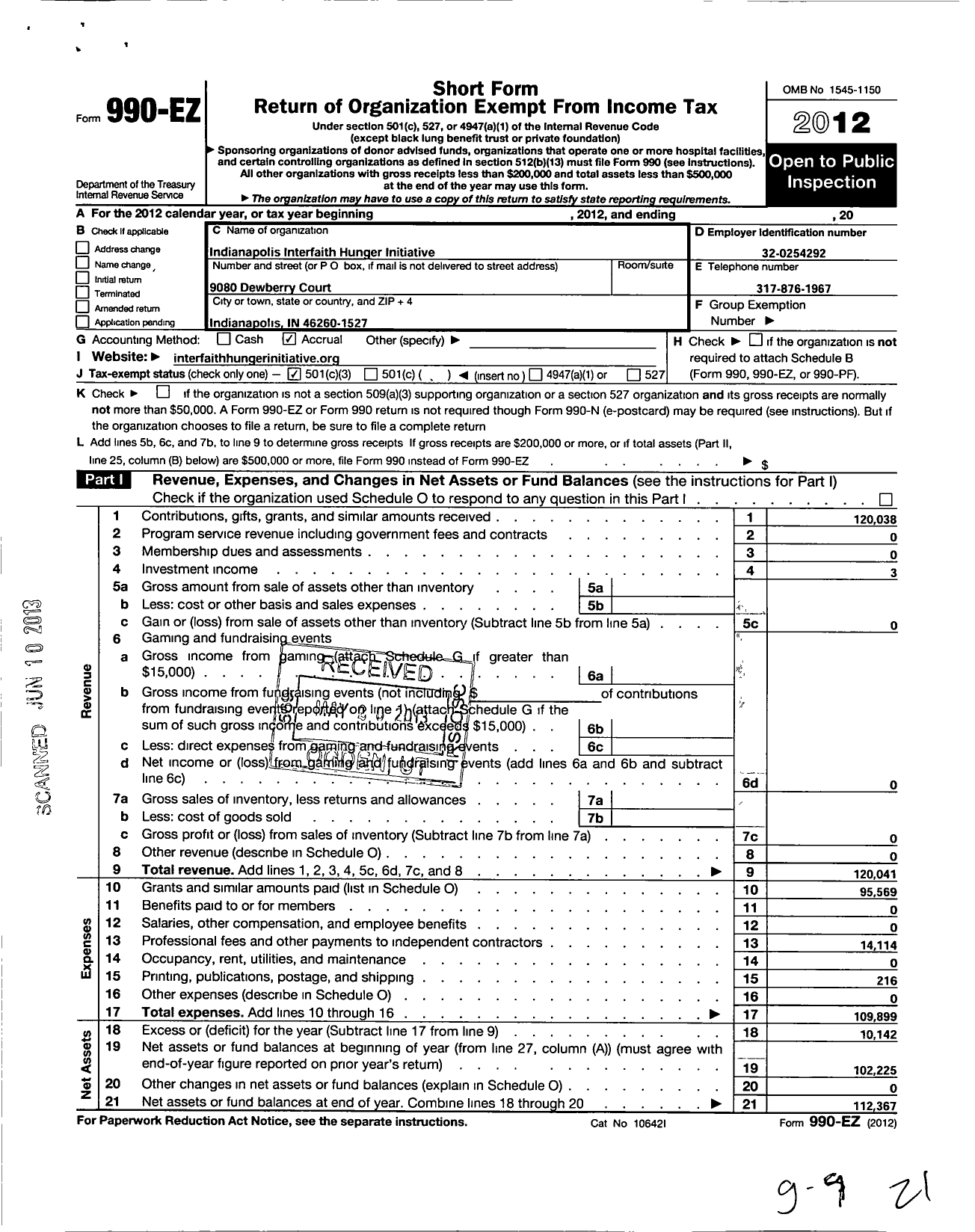 Image of first page of 2012 Form 990EZ for Indianapolis Interfaith Hunger Initiative