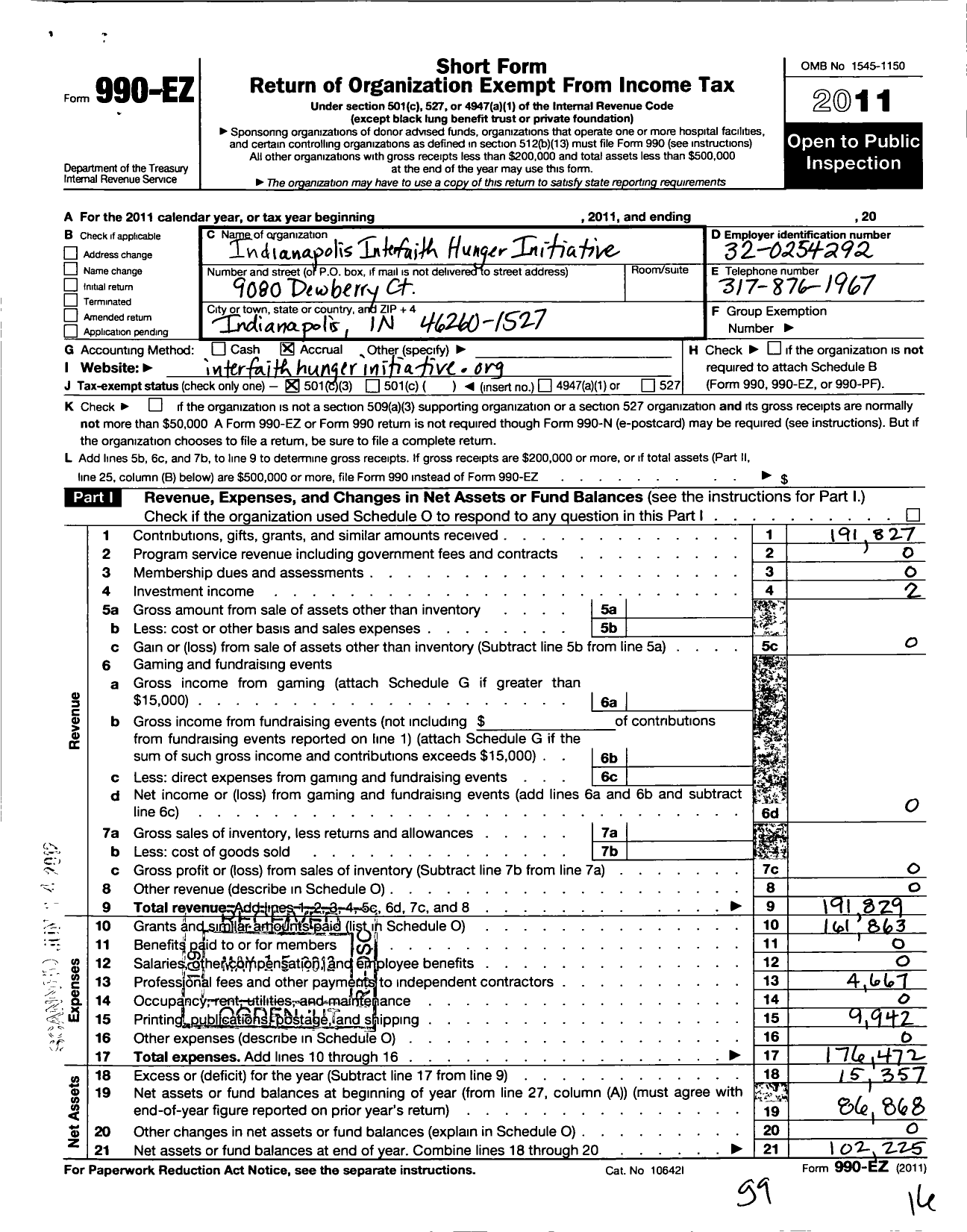 Image of first page of 2011 Form 990EZ for Indianapolis Interfaith Hunger Initiative