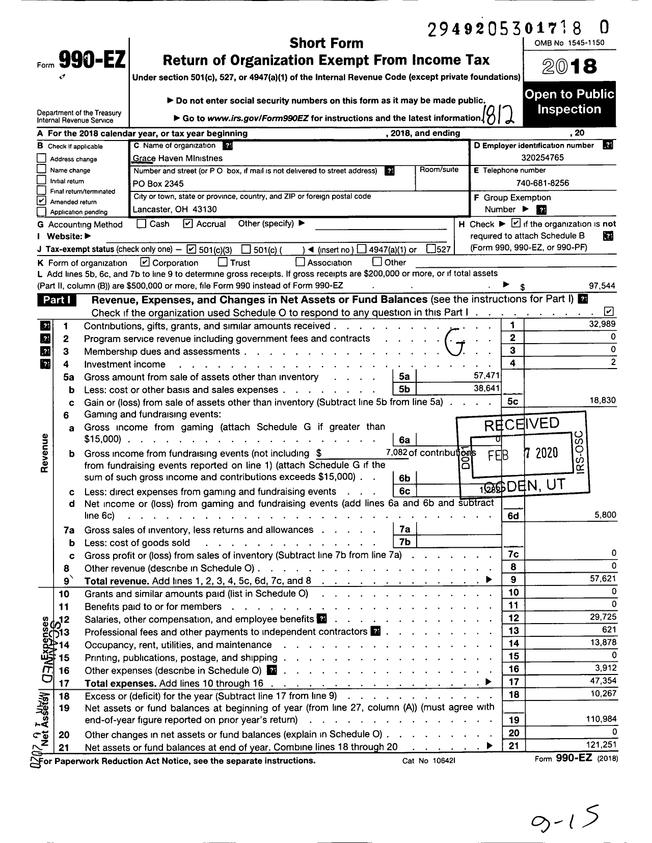 Image of first page of 2018 Form 990EZ for Grace Haven Ministries