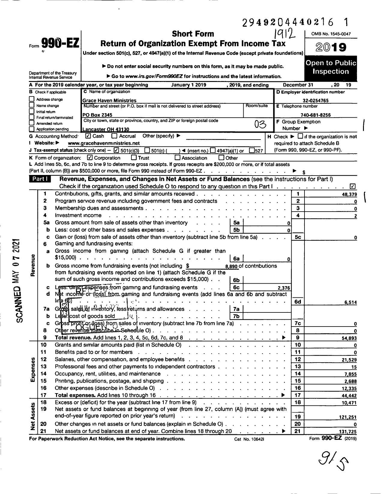 Image of first page of 2019 Form 990EZ for Grace Haven Ministries