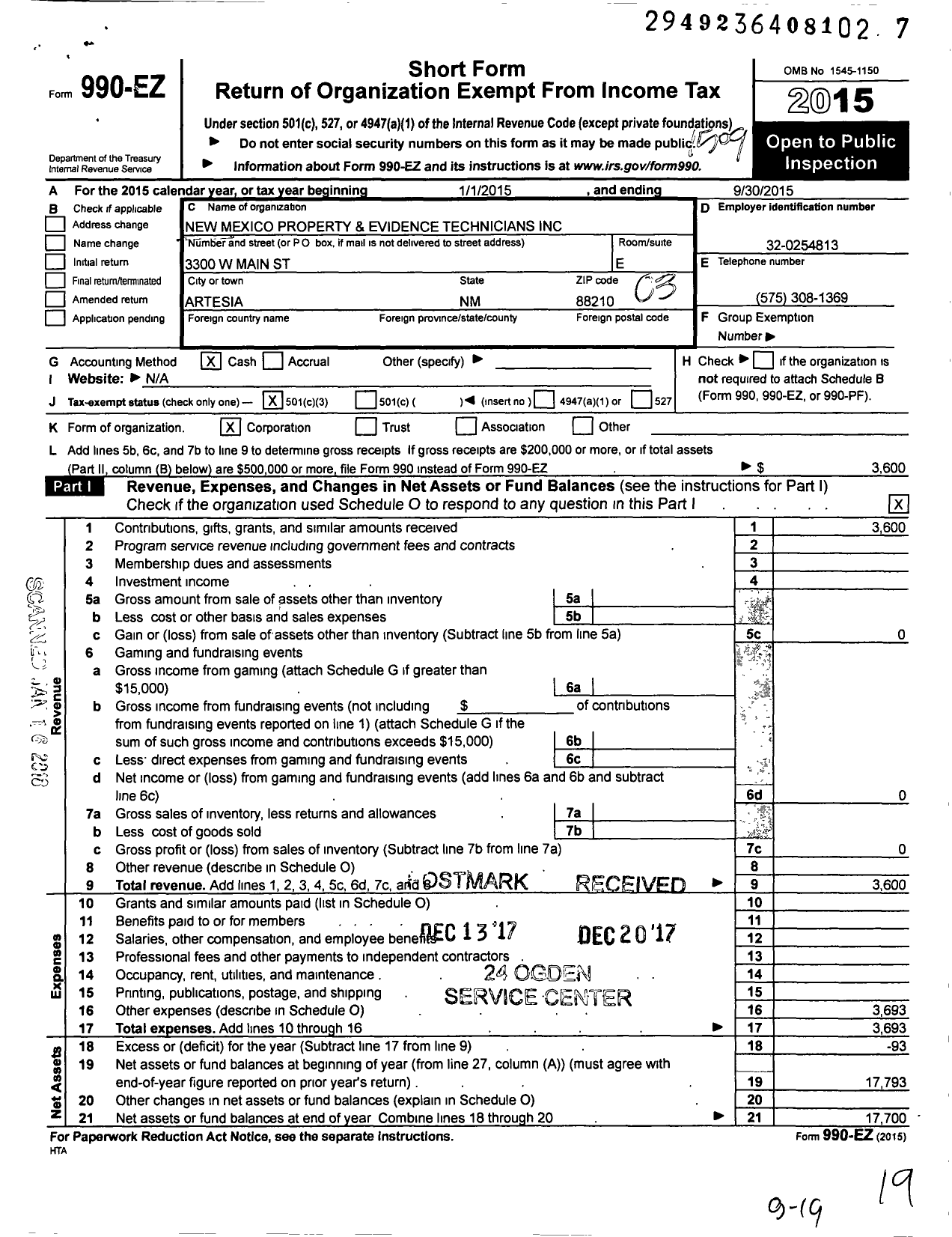 Image of first page of 2014 Form 990EZ for New Mexico Property and Evidence Technicians (NMPET)