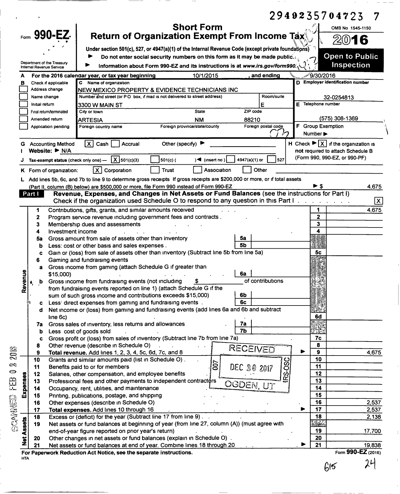 Image of first page of 2015 Form 990EZ for New Mexico Property and Evidence Technicians (NMPET)