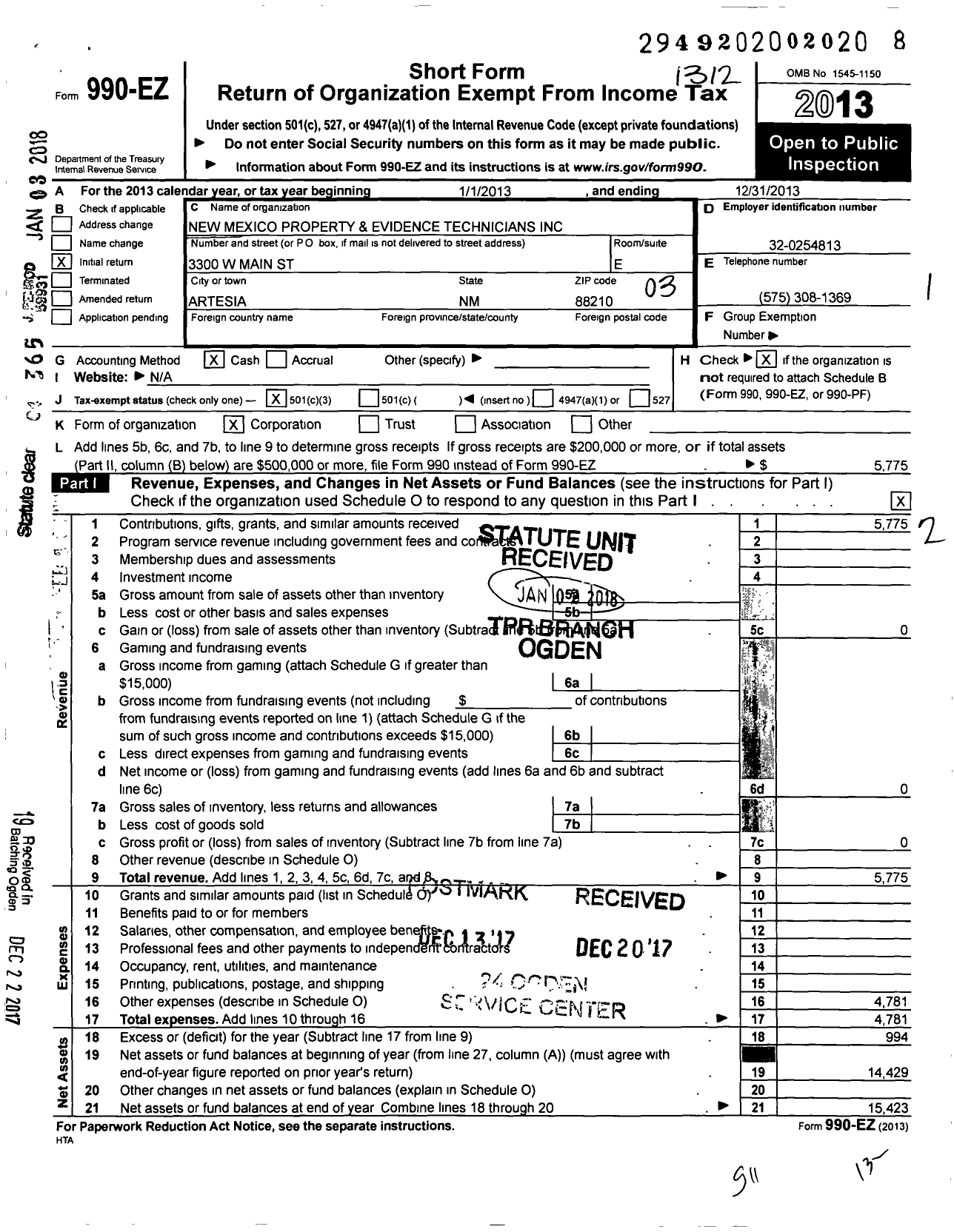 Image of first page of 2013 Form 990EZ for New Mexico Property and Evidence Technicians (NMPET)