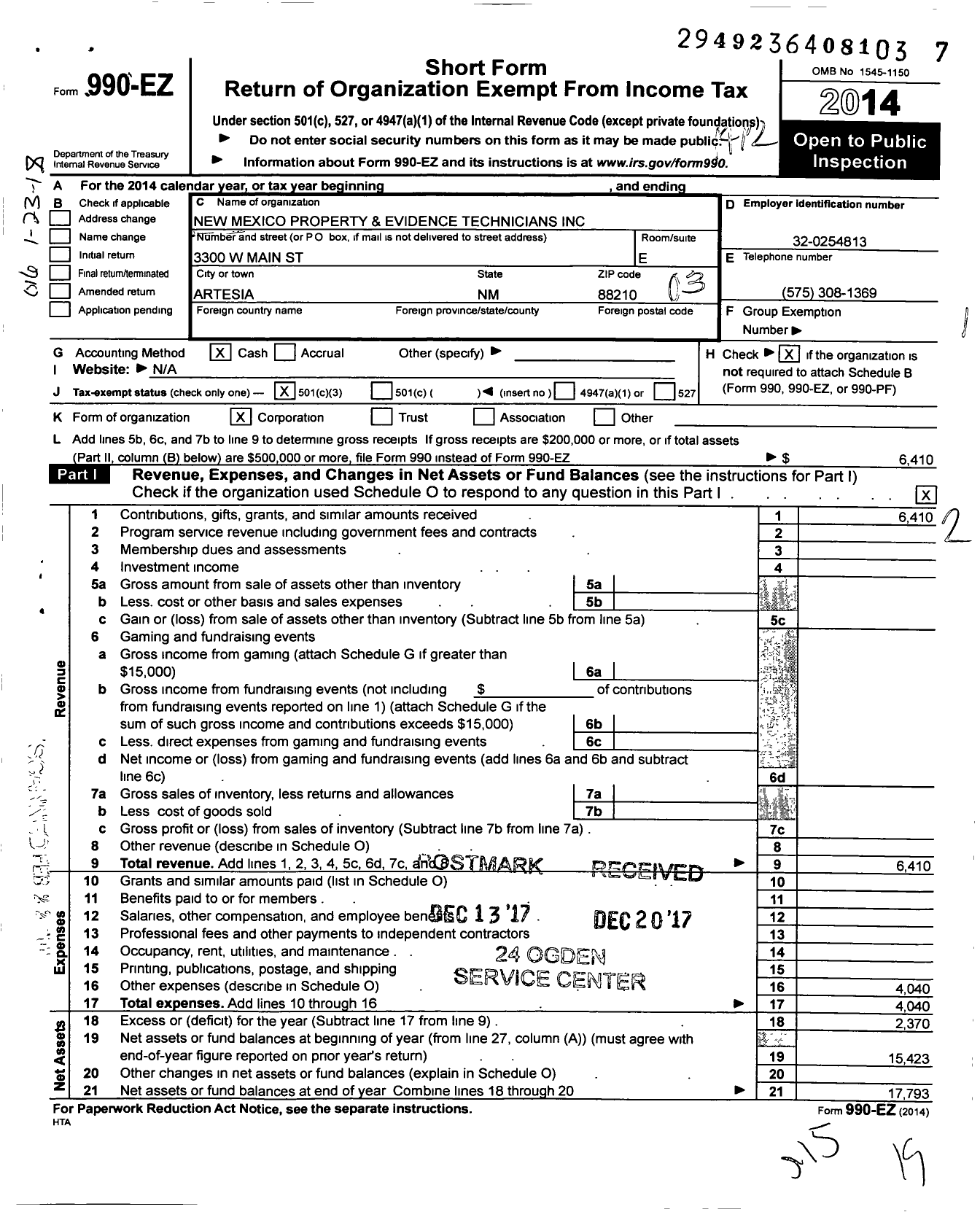 Image of first page of 2014 Form 990EZ for New Mexico Property and Evidence Technicians (NMPET)