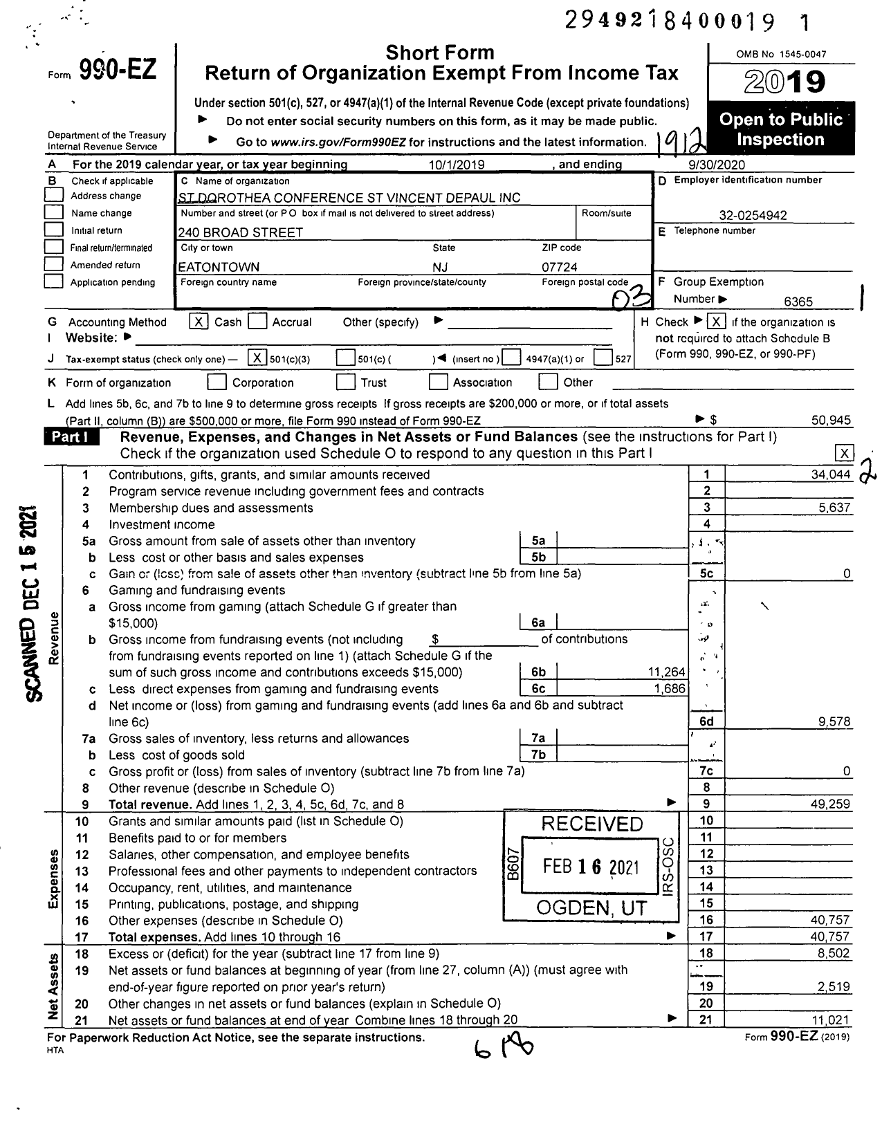 Image of first page of 2019 Form 990EZ for St Dorothea Conference St Vincent Depaul