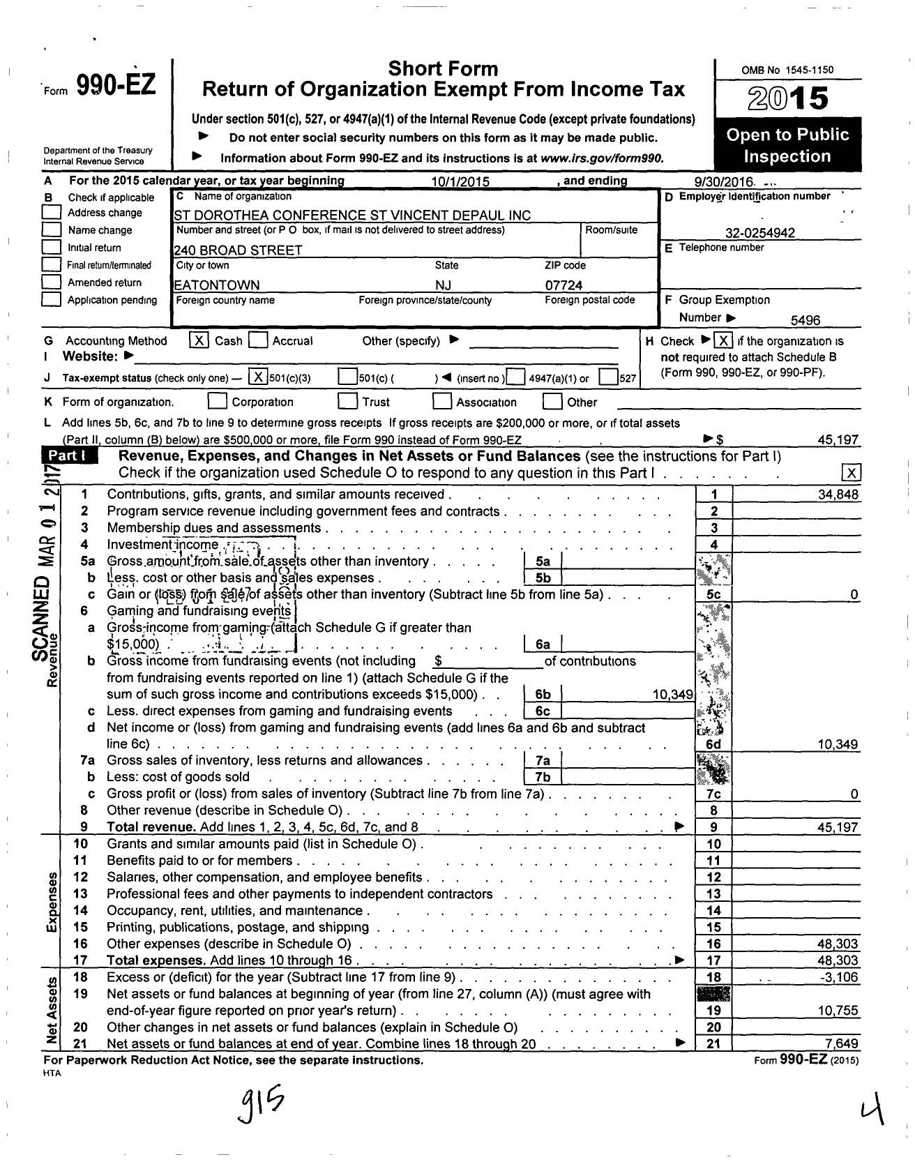 Image of first page of 2015 Form 990EZ for St Dorothea Conference St Vincent Depaul