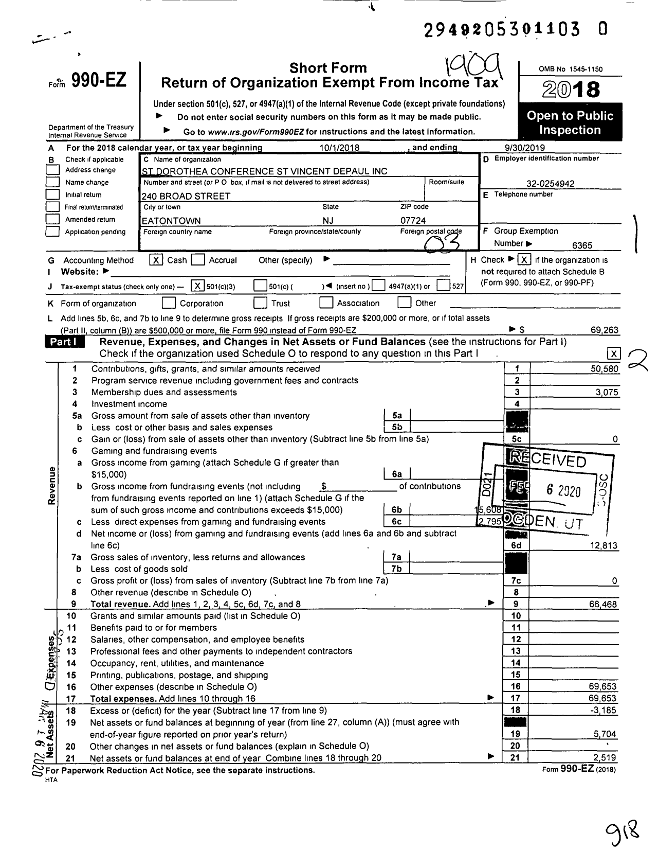 Image of first page of 2018 Form 990EZ for St Dorothea Conference St Vincent Depaul