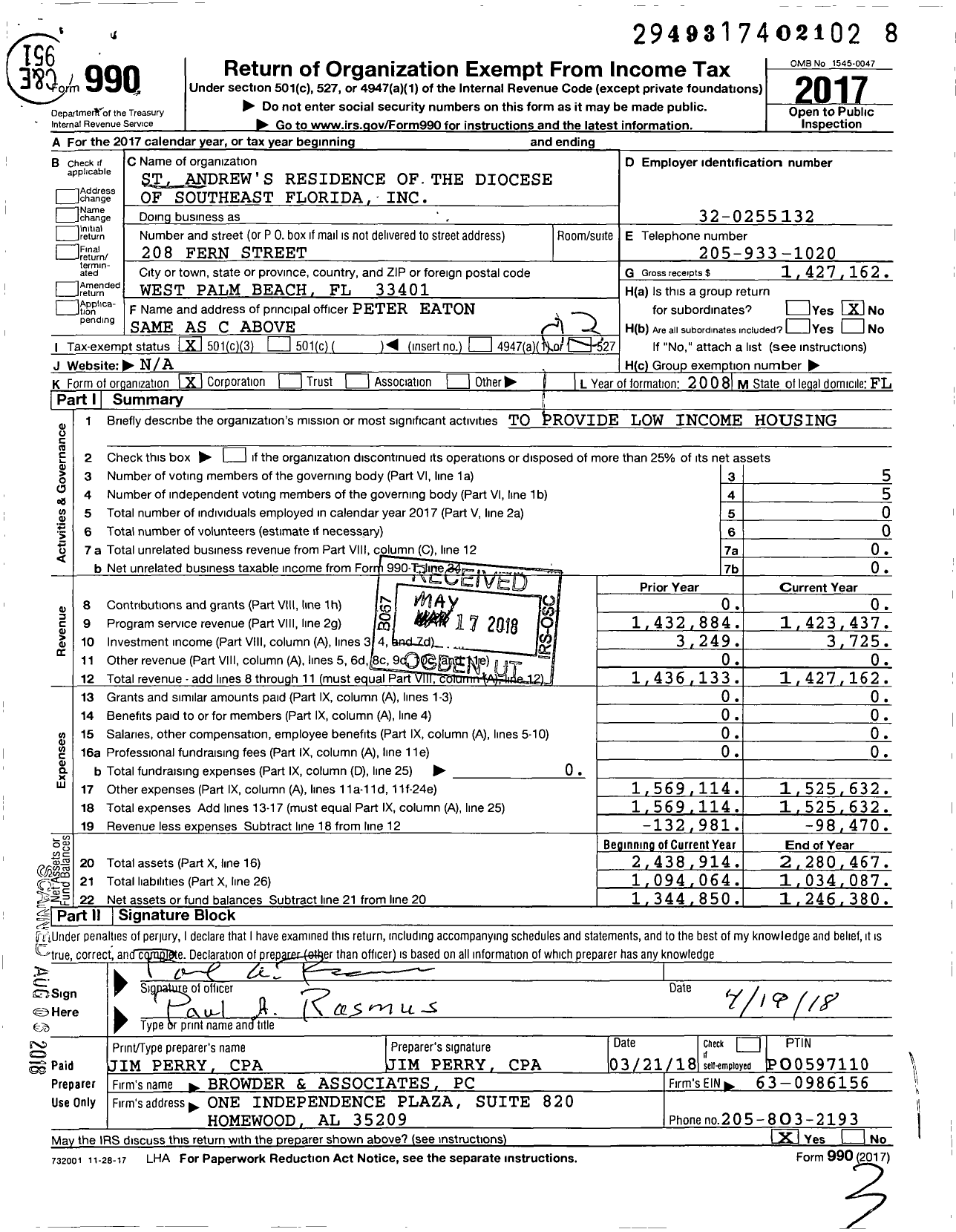 Image of first page of 2017 Form 990 for St Andrew's Residence of the Diocese of Southeast Florida