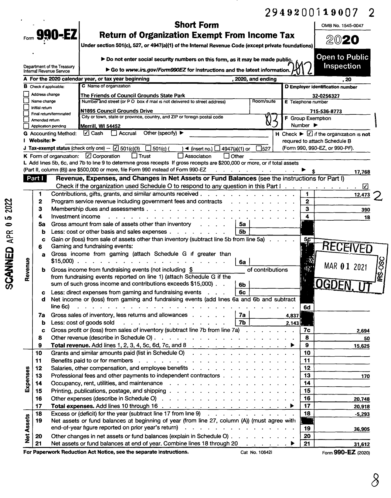 Image of first page of 2020 Form 990EZ for The Friends of Council Grounds State Park