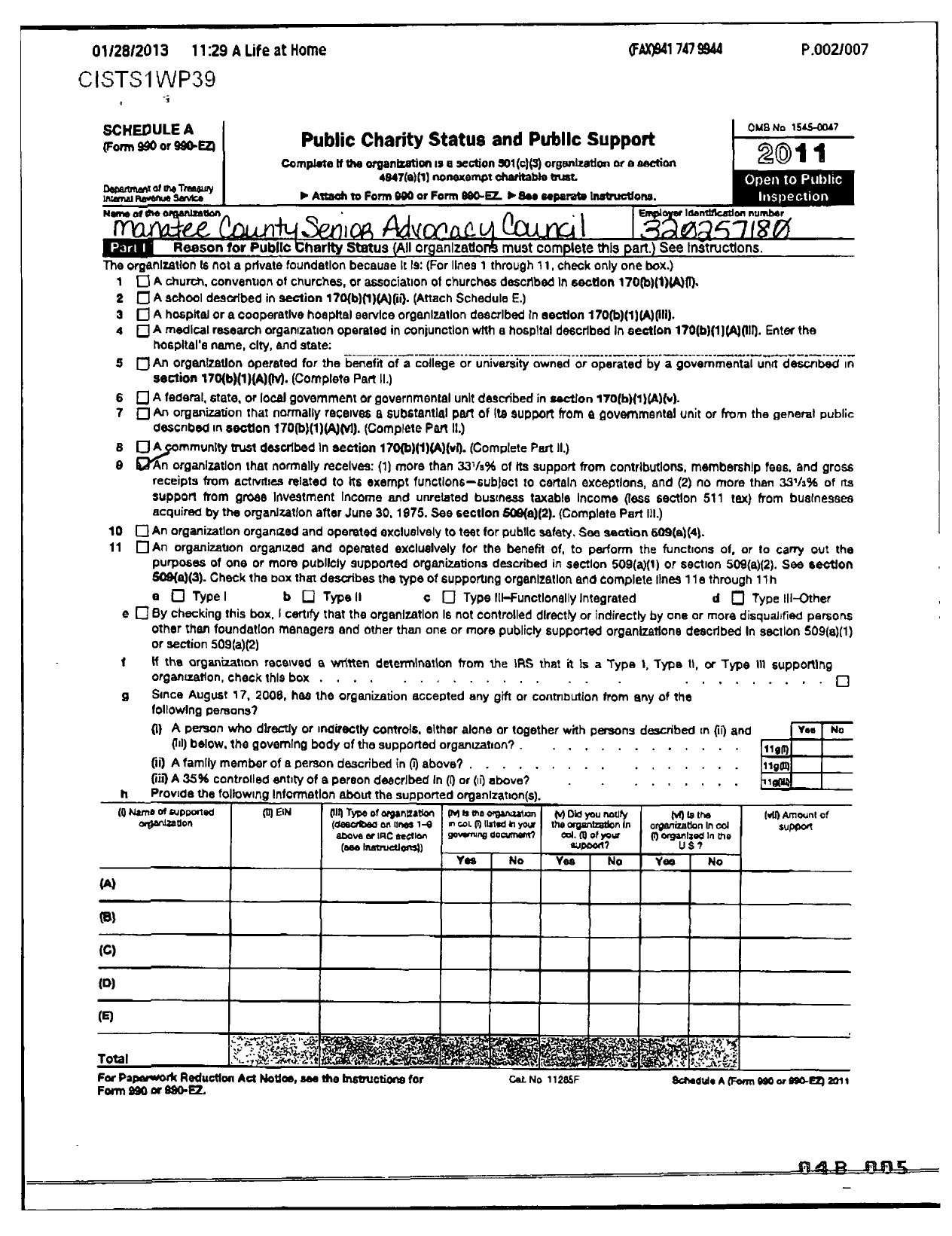 Image of first page of 2011 Form 990R for Manatee County Senior Advocacy Council