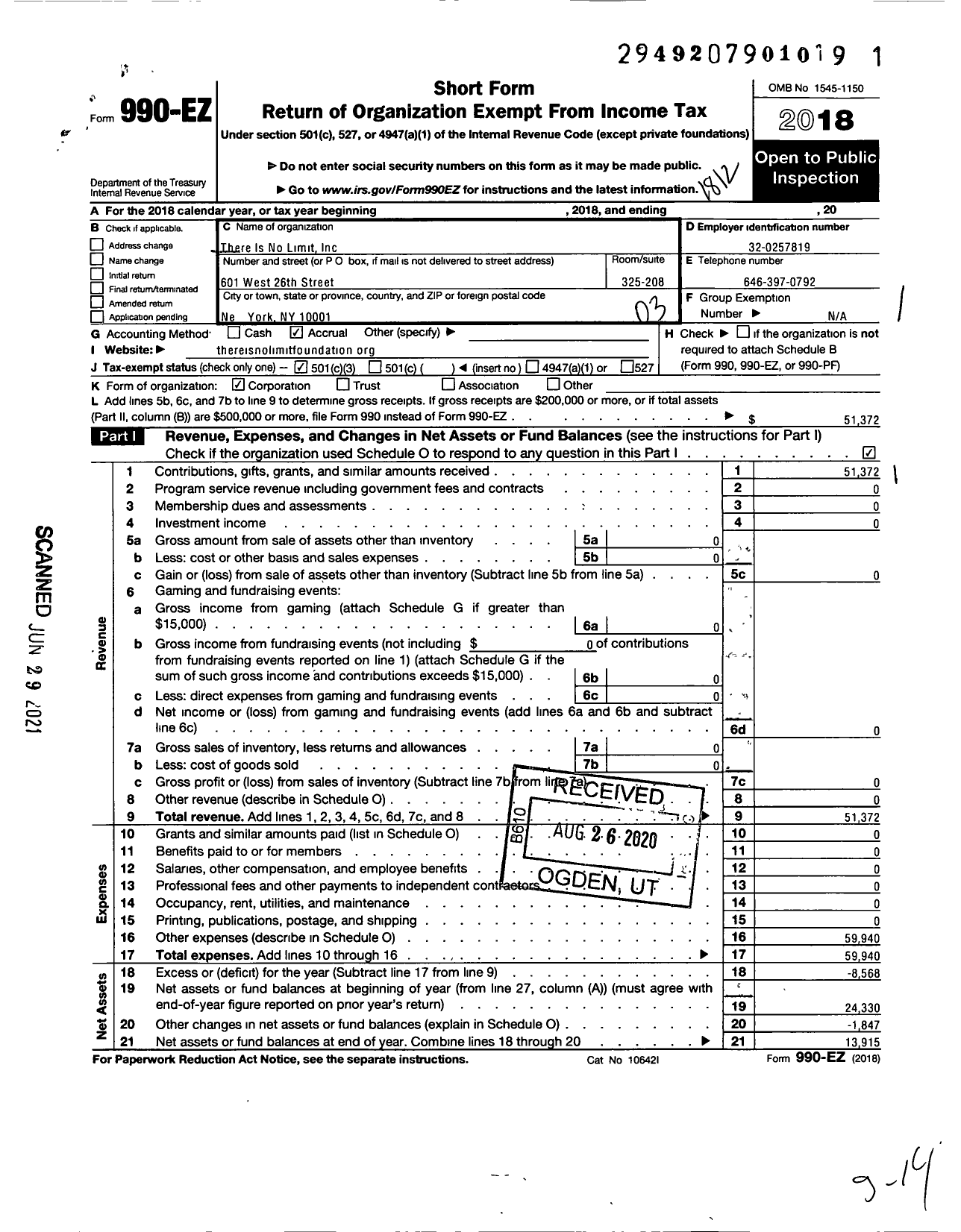 Image of first page of 2018 Form 990EZ for There IS No LIMIT Foundation