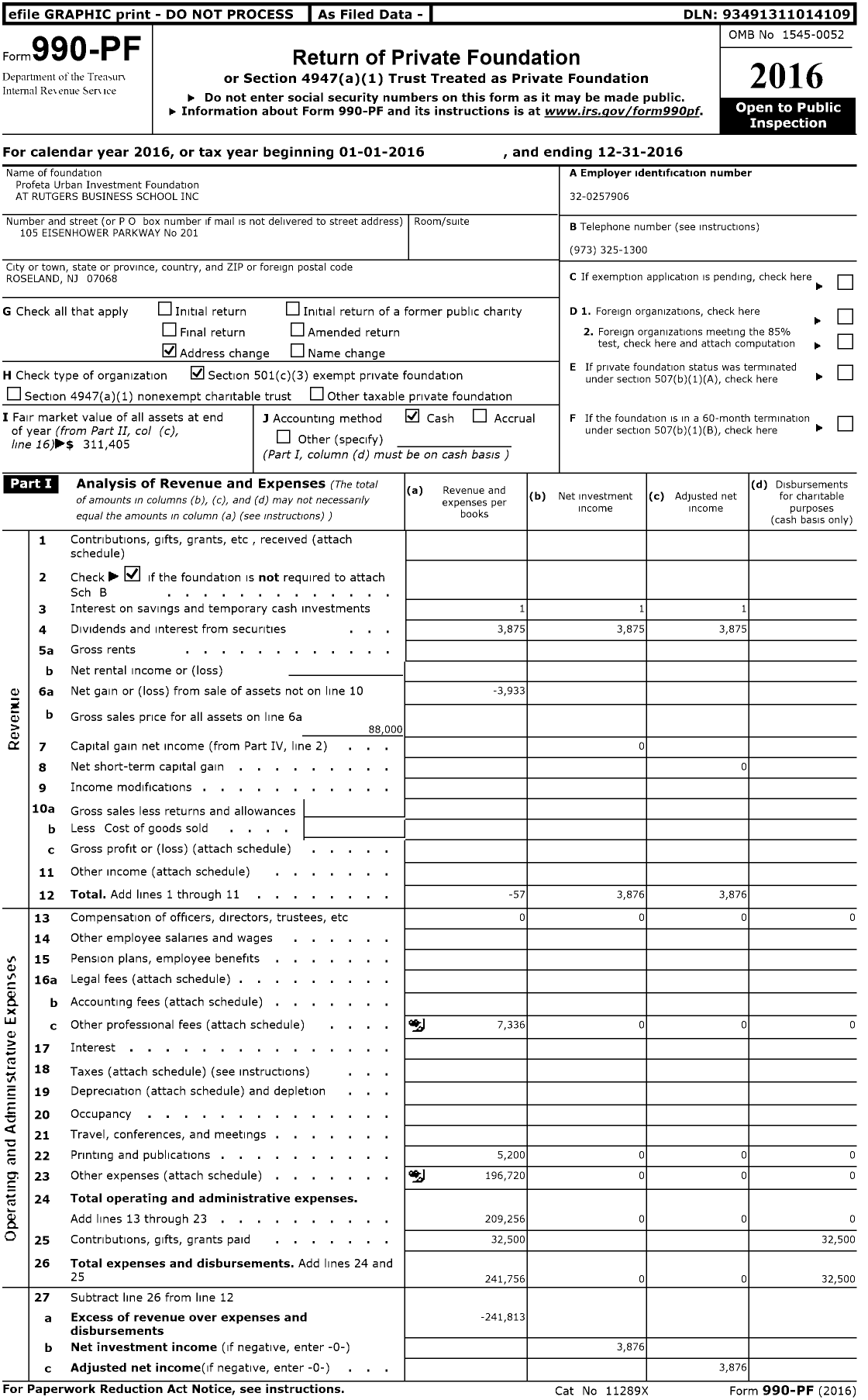 Image of first page of 2016 Form 990PF for Profeta Urban Investment Foundation AT RUTGERS BUSINESS SCHOOL