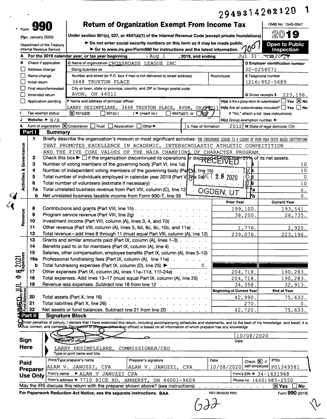 Image of first page of 2019 Form 990 for Crossroads League