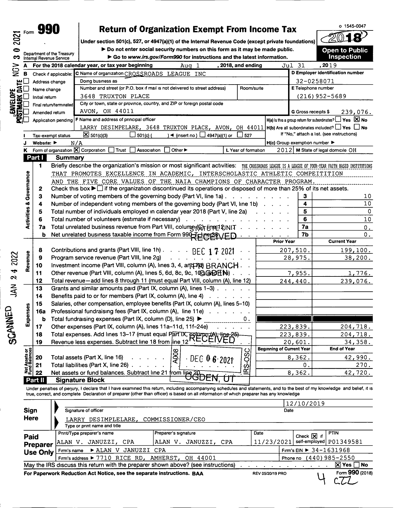 Image of first page of 2018 Form 990A for Crossroads League