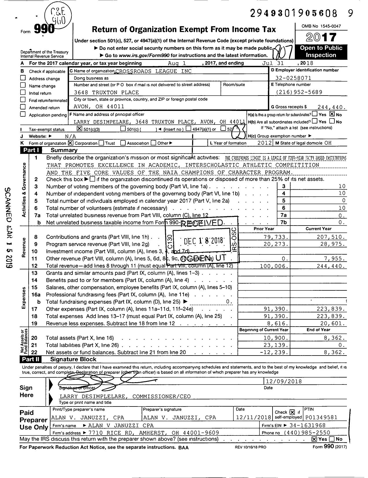 Image of first page of 2017 Form 990 for Crossroads League