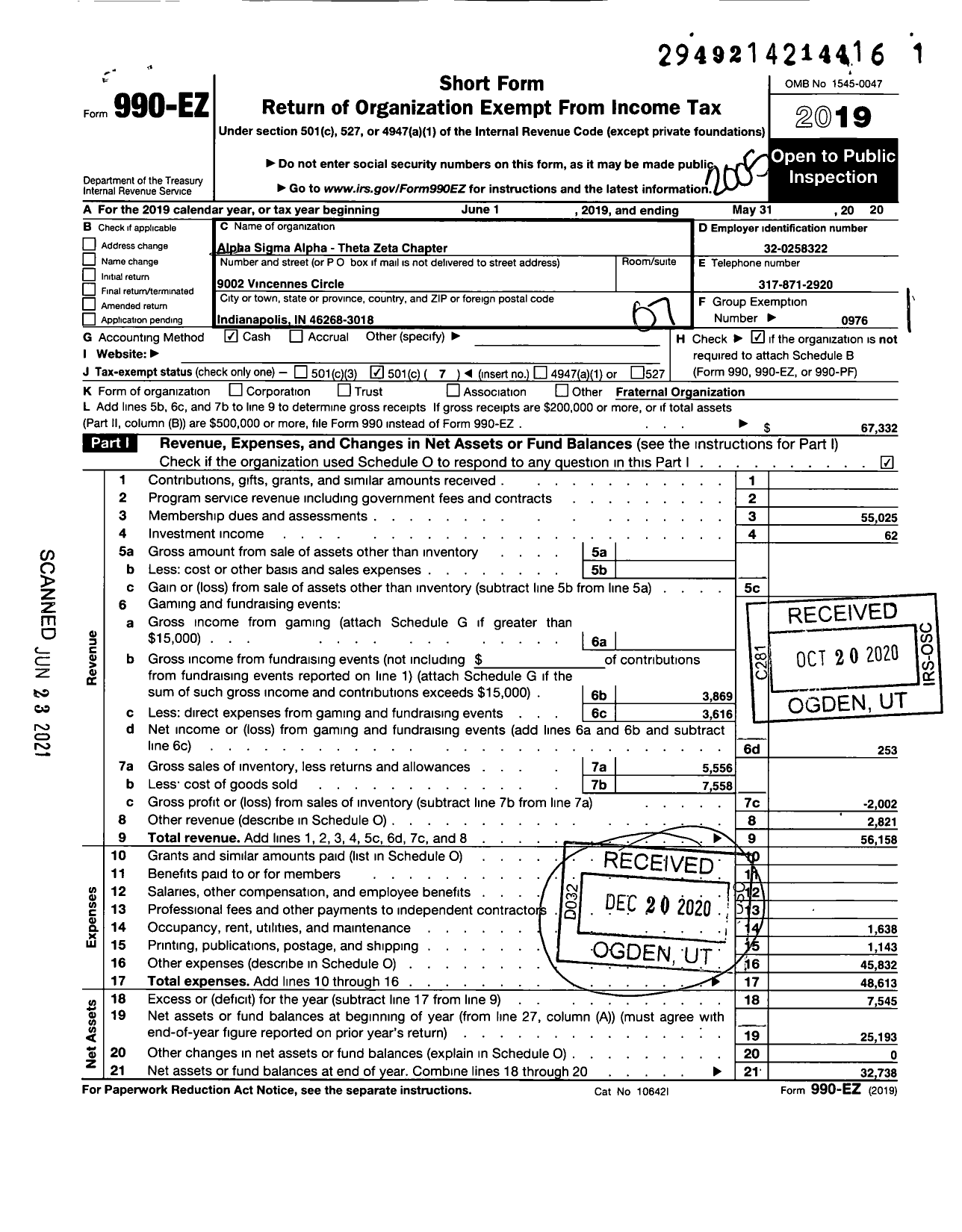 Image of first page of 2019 Form 990EO for Alpha Sigma Alpha Sorority / Theta Zeta Chapter