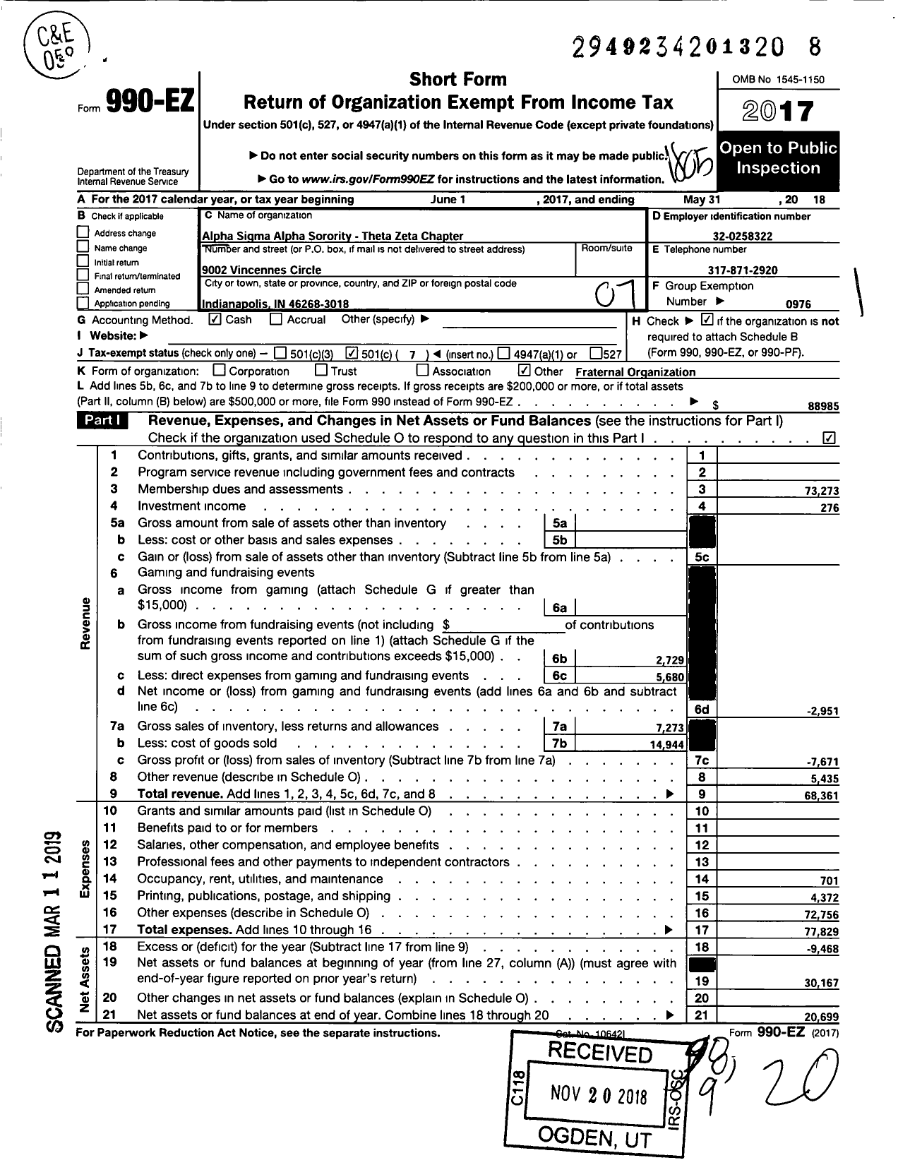 Image of first page of 2017 Form 990EO for Alpha Sigma Alpha Sorority / Theta Zeta Chapter