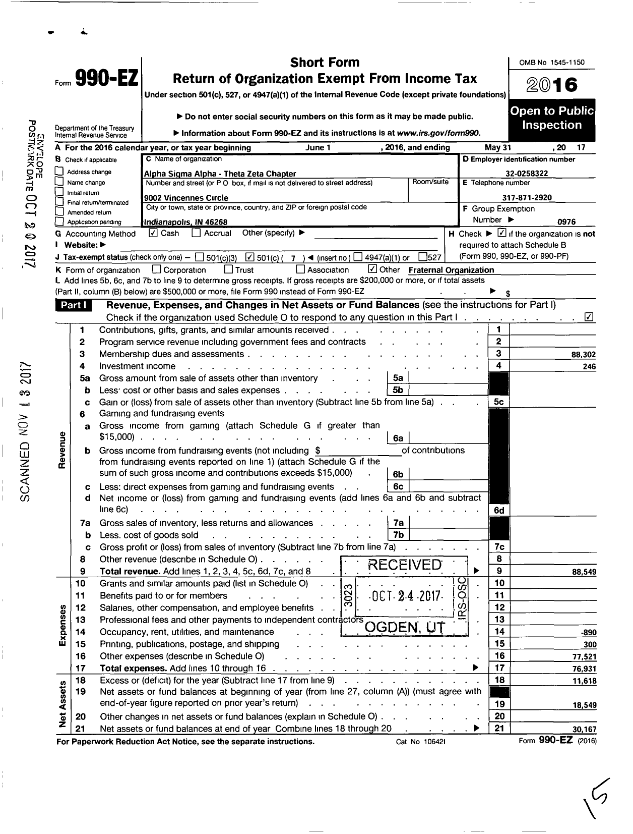 Image of first page of 2016 Form 990EO for Alpha Sigma Alpha Sorority / Theta Zeta Chapter