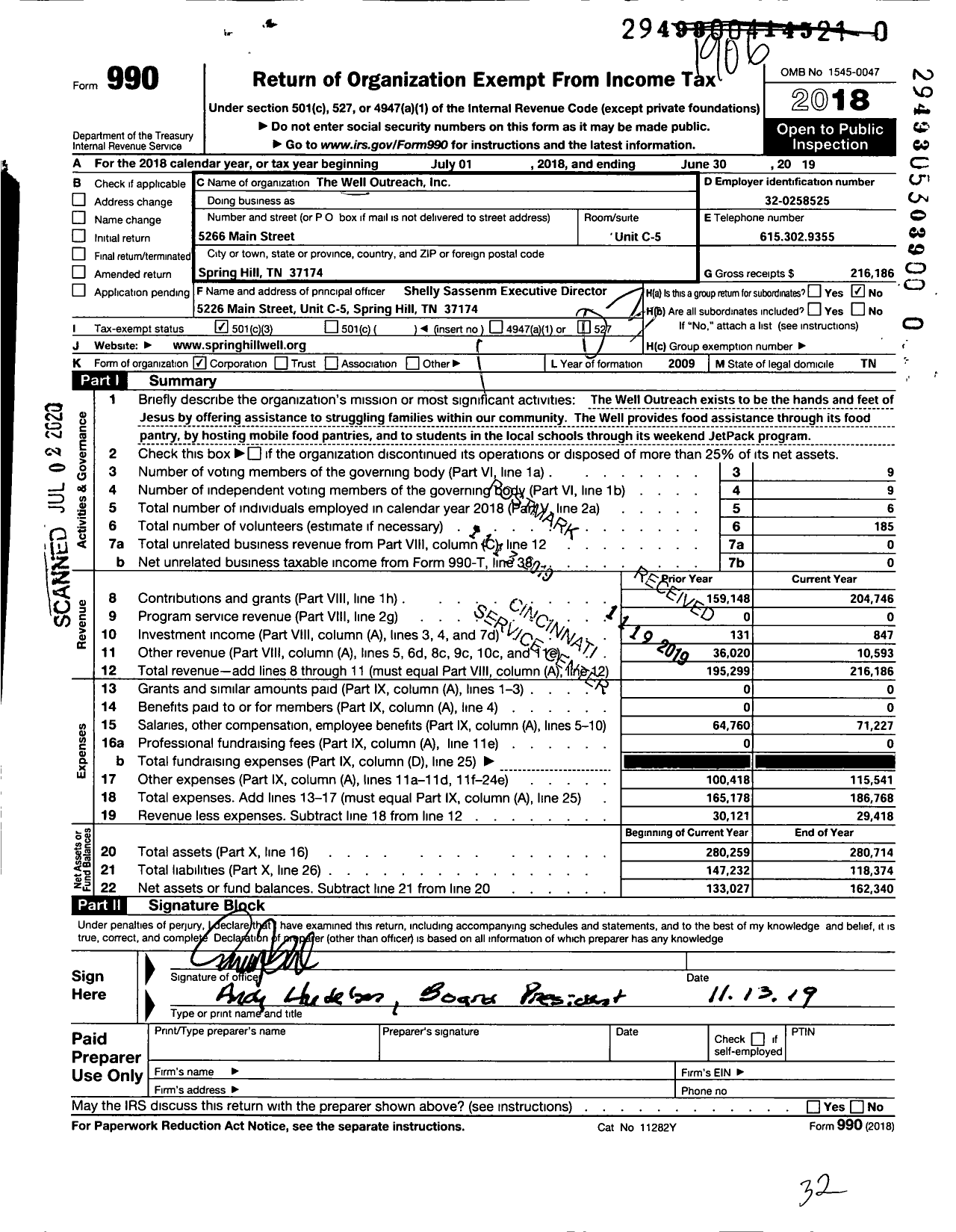 Image of first page of 2018 Form 990 for The Well Outreach