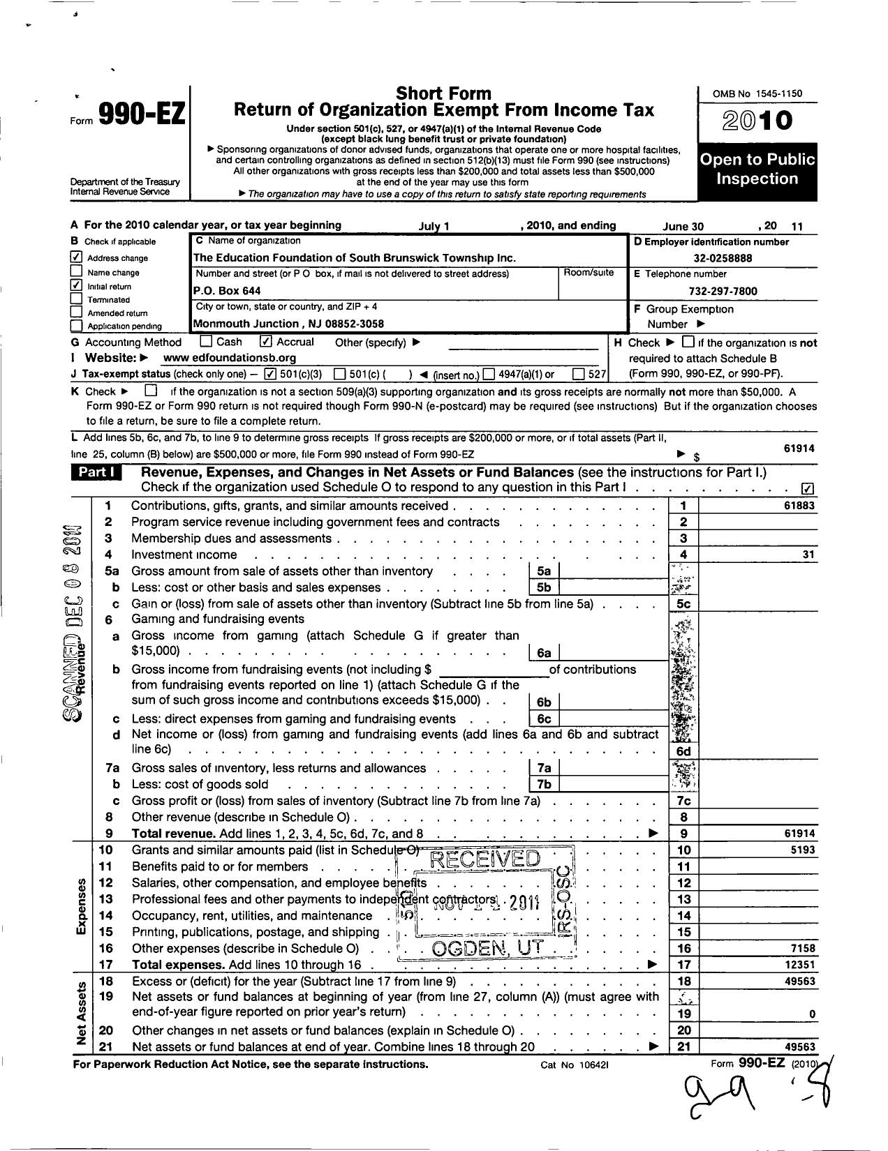 Image of first page of 2010 Form 990EZ for The Education Foundation of South Brunswick Township
