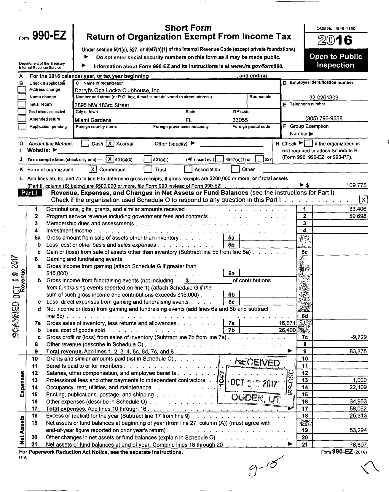 Image of first page of 2016 Form 990EZ for Darryls Opalocka Clubhouse