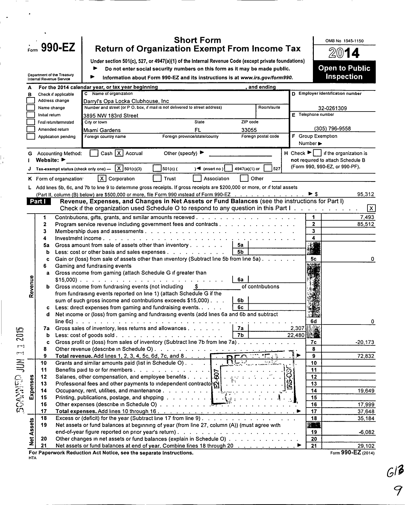 Image of first page of 2014 Form 990EZ for Darryls Opalocka Clubhouse