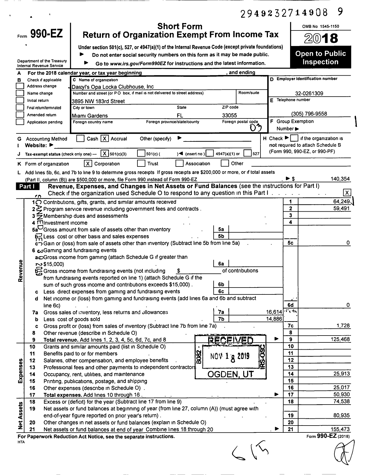 Image of first page of 2018 Form 990EZ for Darryls Opalocka Clubhouse