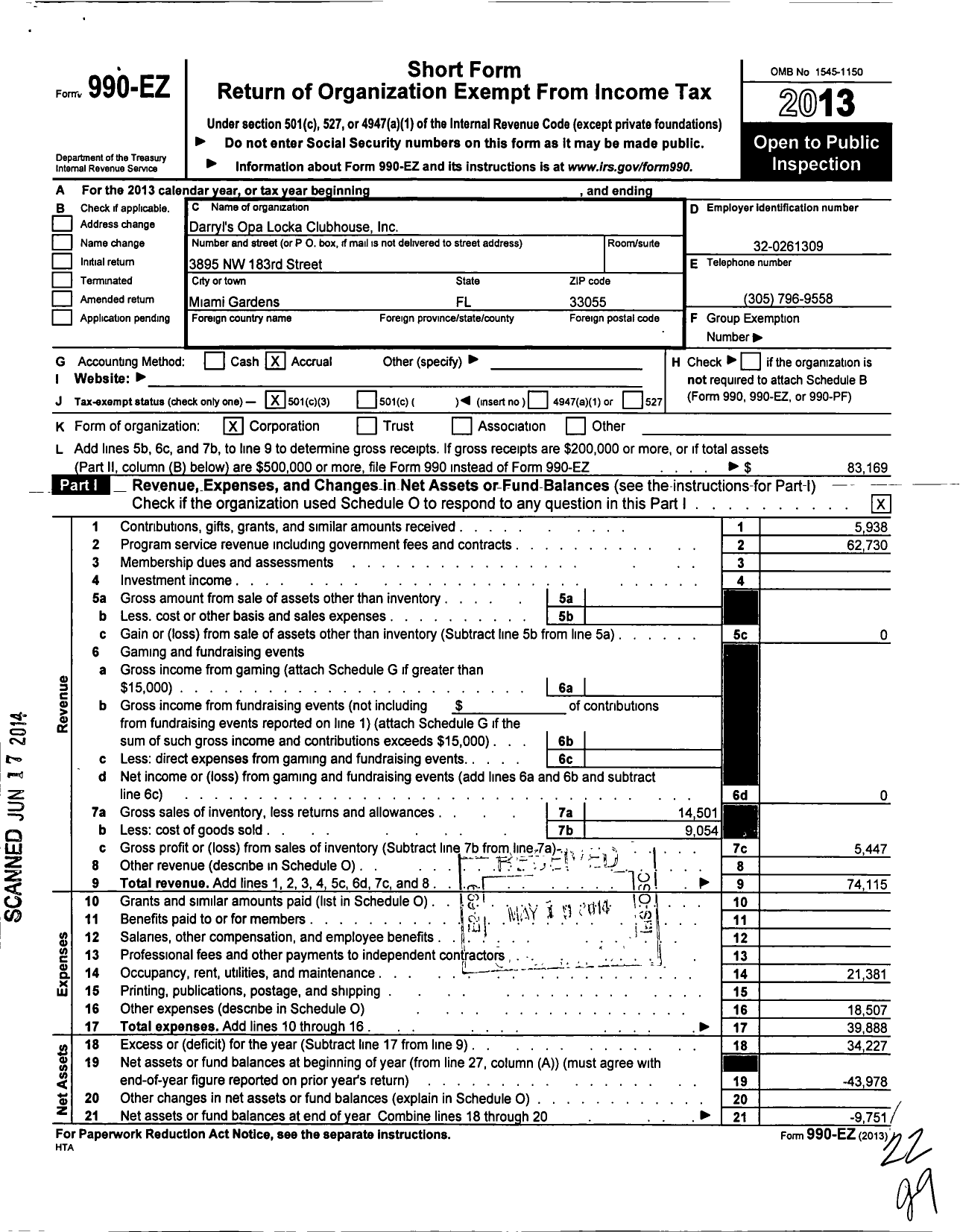 Image of first page of 2013 Form 990EZ for Darryls Opalocka Clubhouse