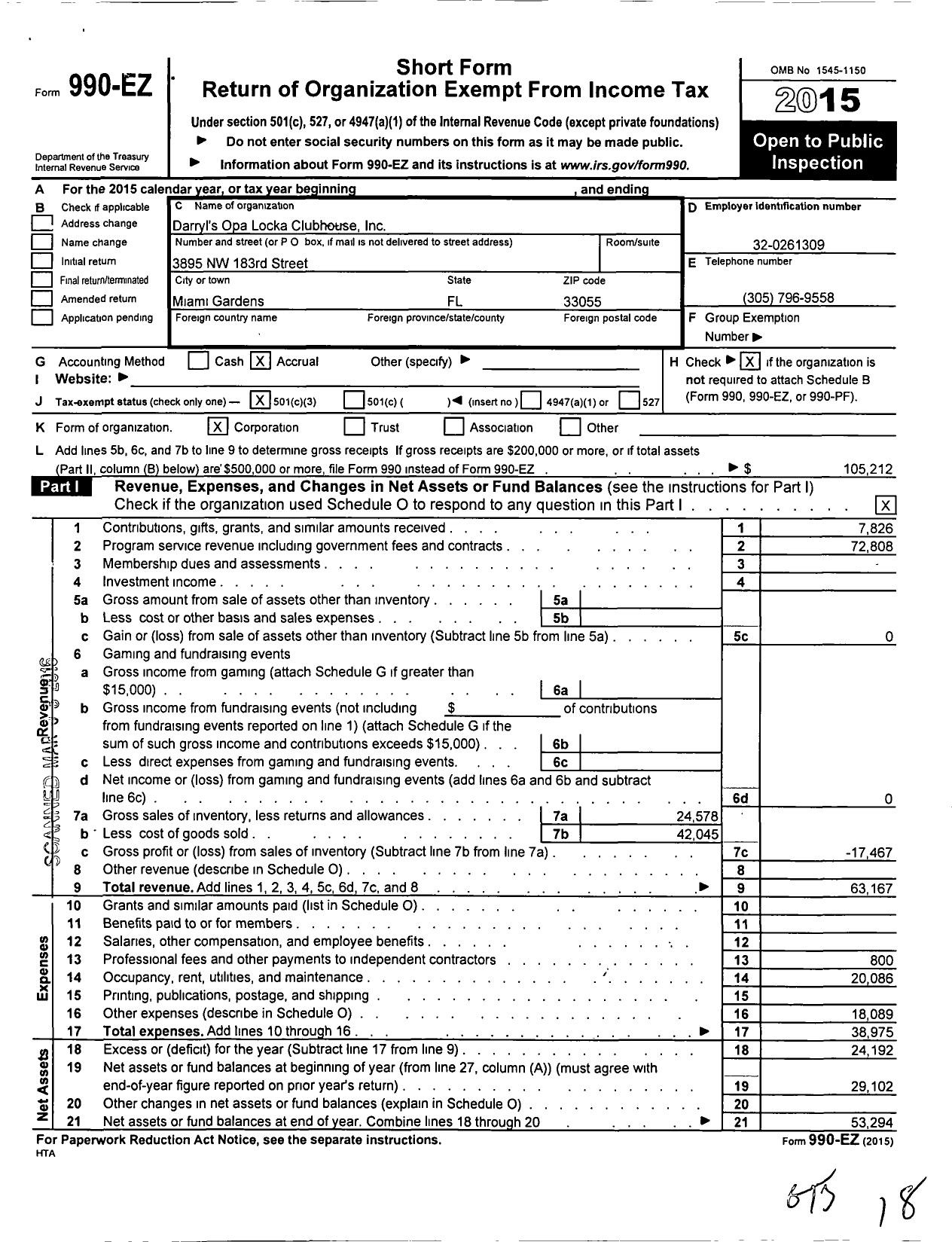 Image of first page of 2015 Form 990EZ for Darryls Opalocka Clubhouse