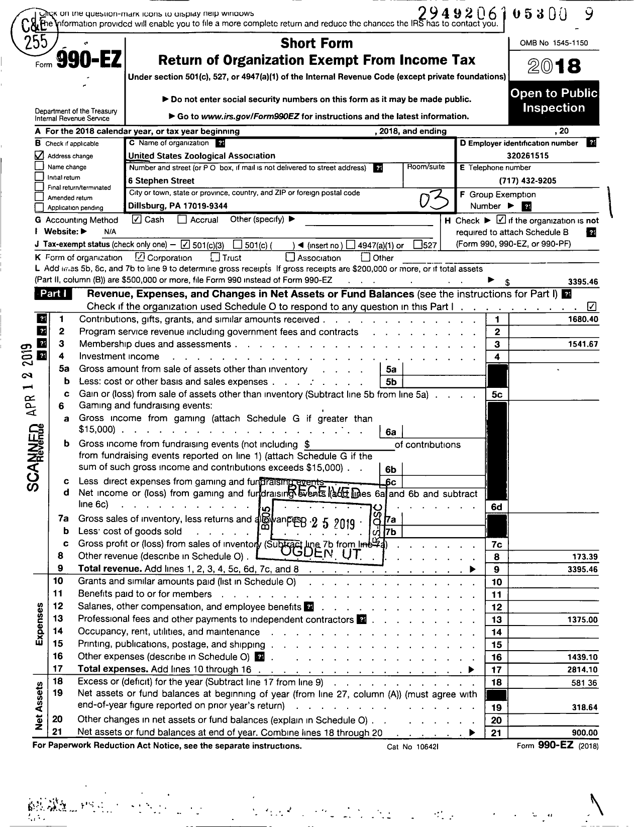 Image of first page of 2018 Form 990EZ for United States Zoological Association