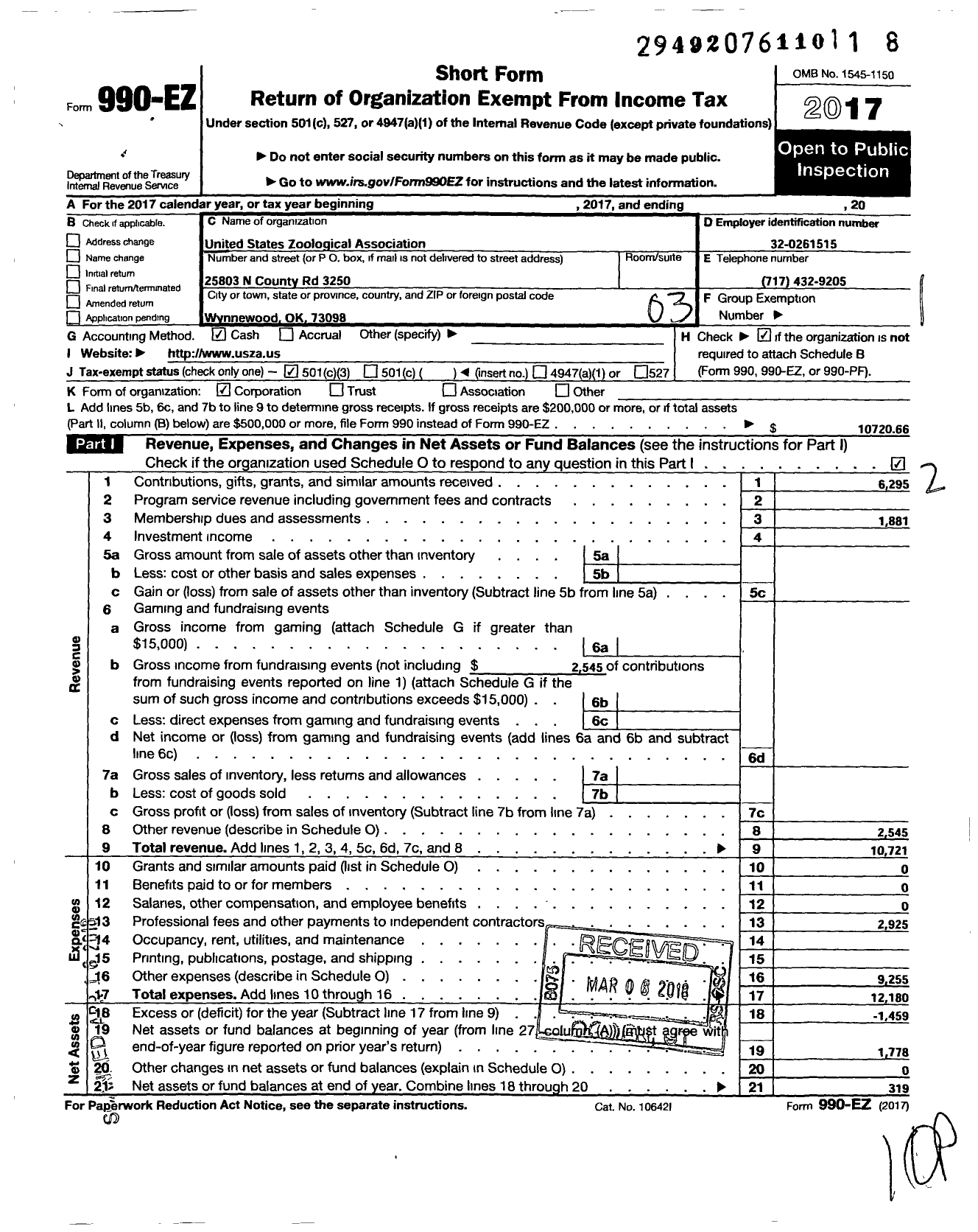 Image of first page of 2017 Form 990EZ for United States Zoological Association