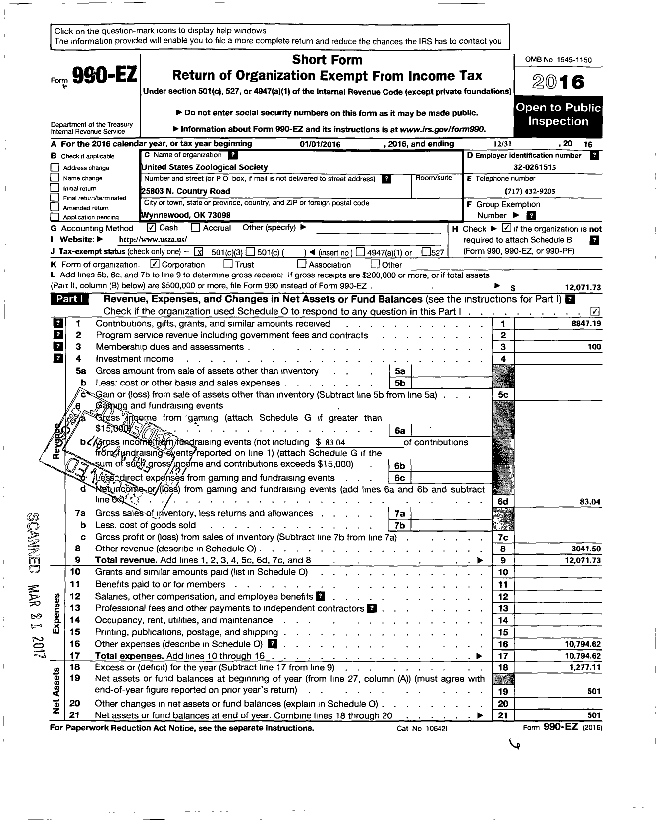 Image of first page of 2016 Form 990EZ for United States Zoological Association